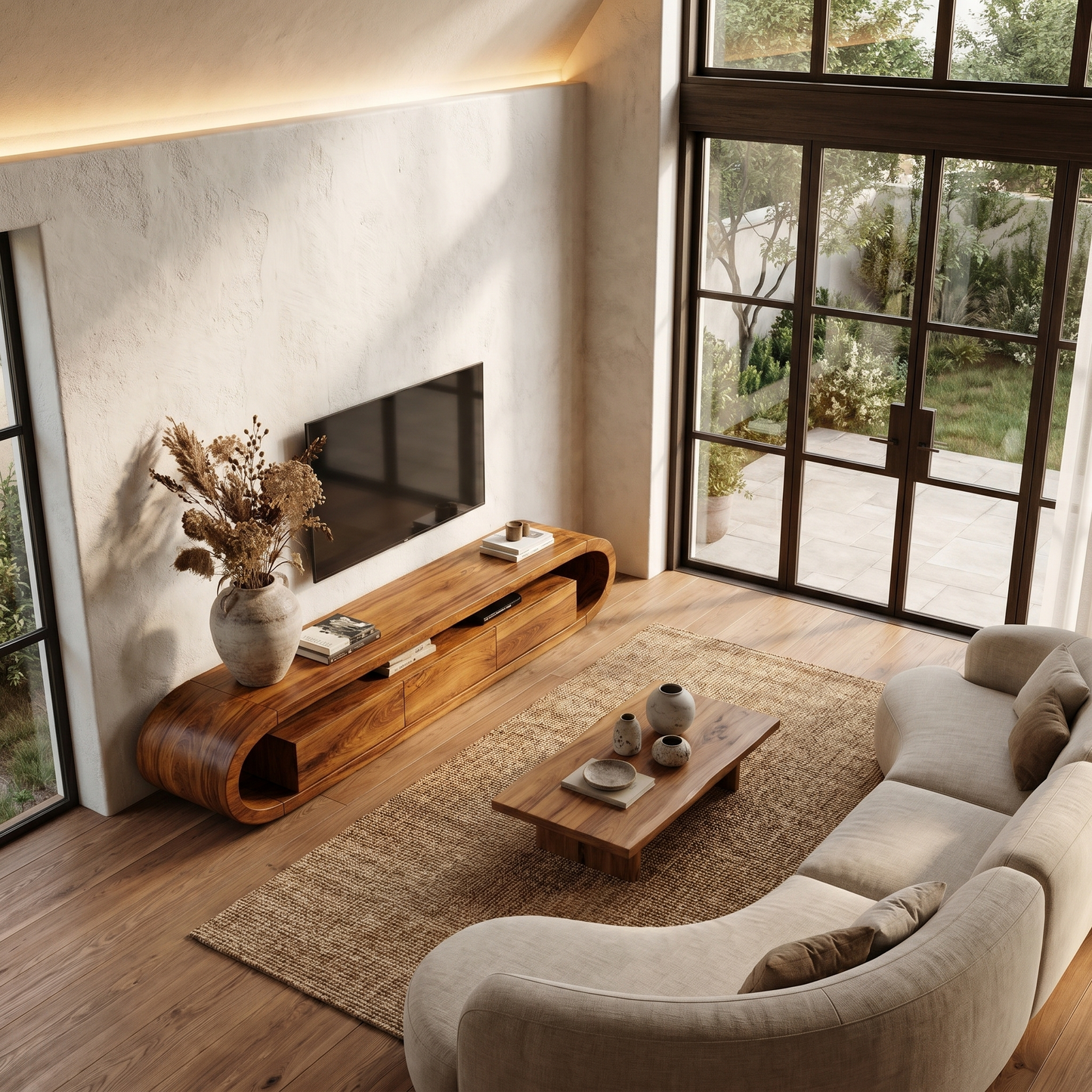 Organic TV Cabinet With Curved Solid Wood Design And Built In Drawer Storage For Living Room