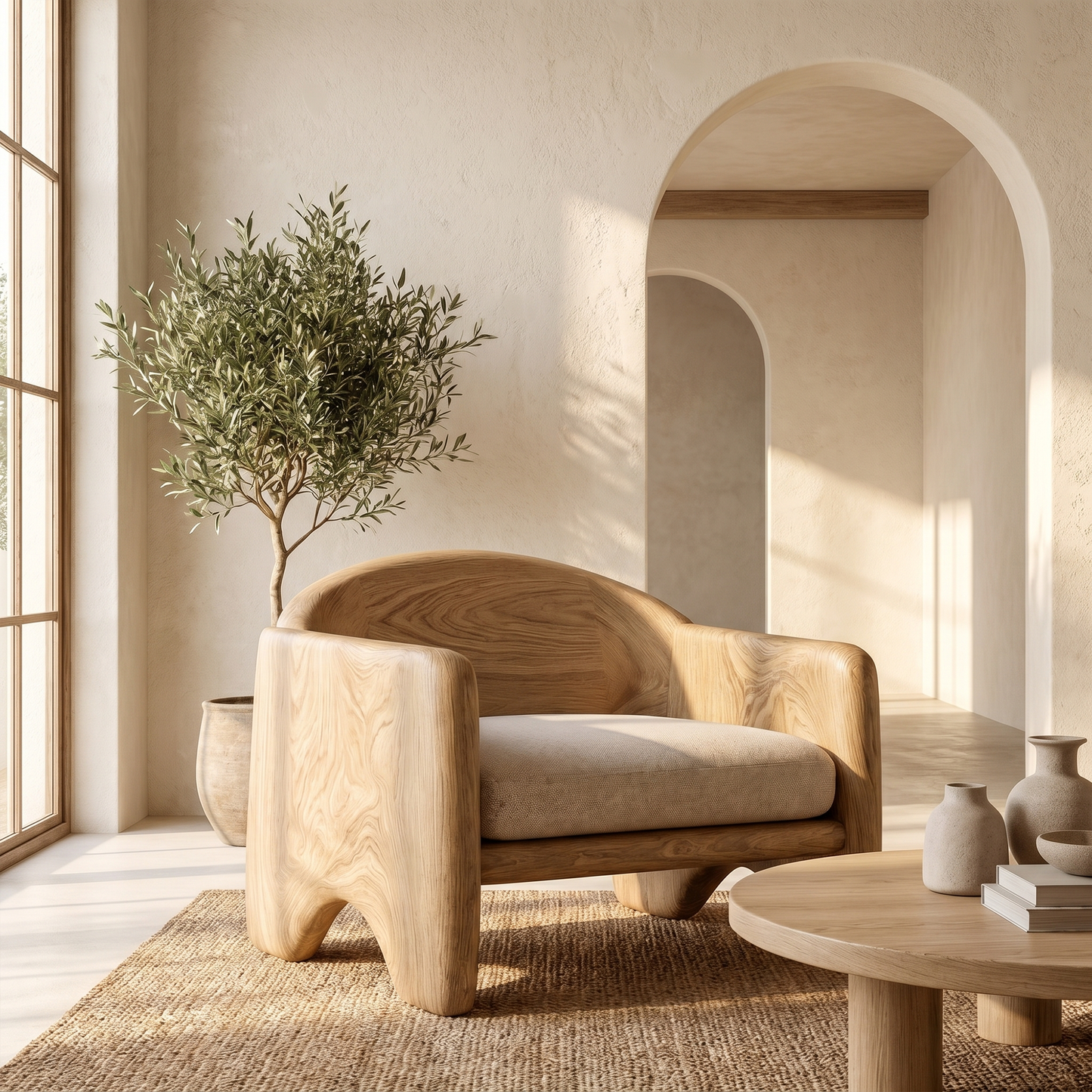 Rustic Armchair Sculptural Solid Wood Design For Living Room