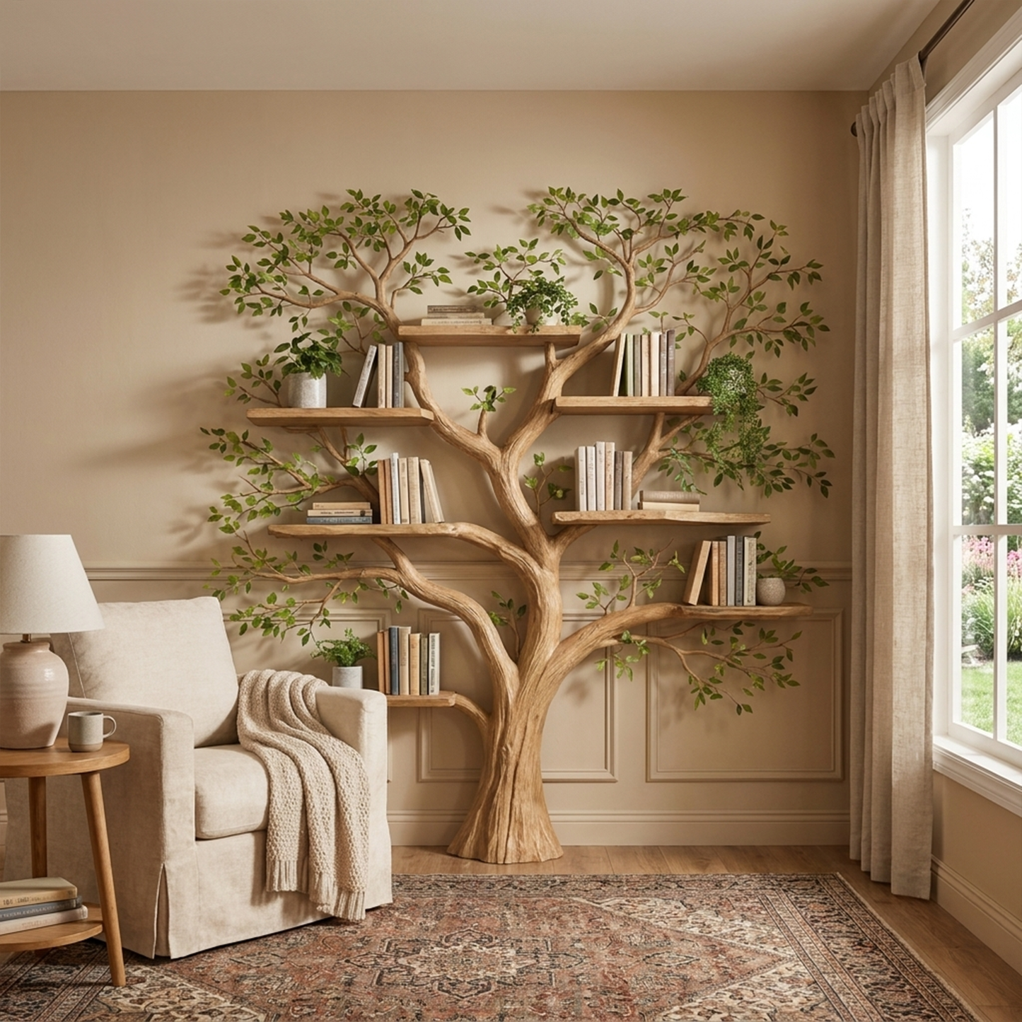 Handcrafted Tree Storage Bookcase Living Room Interior Living Wall Feature