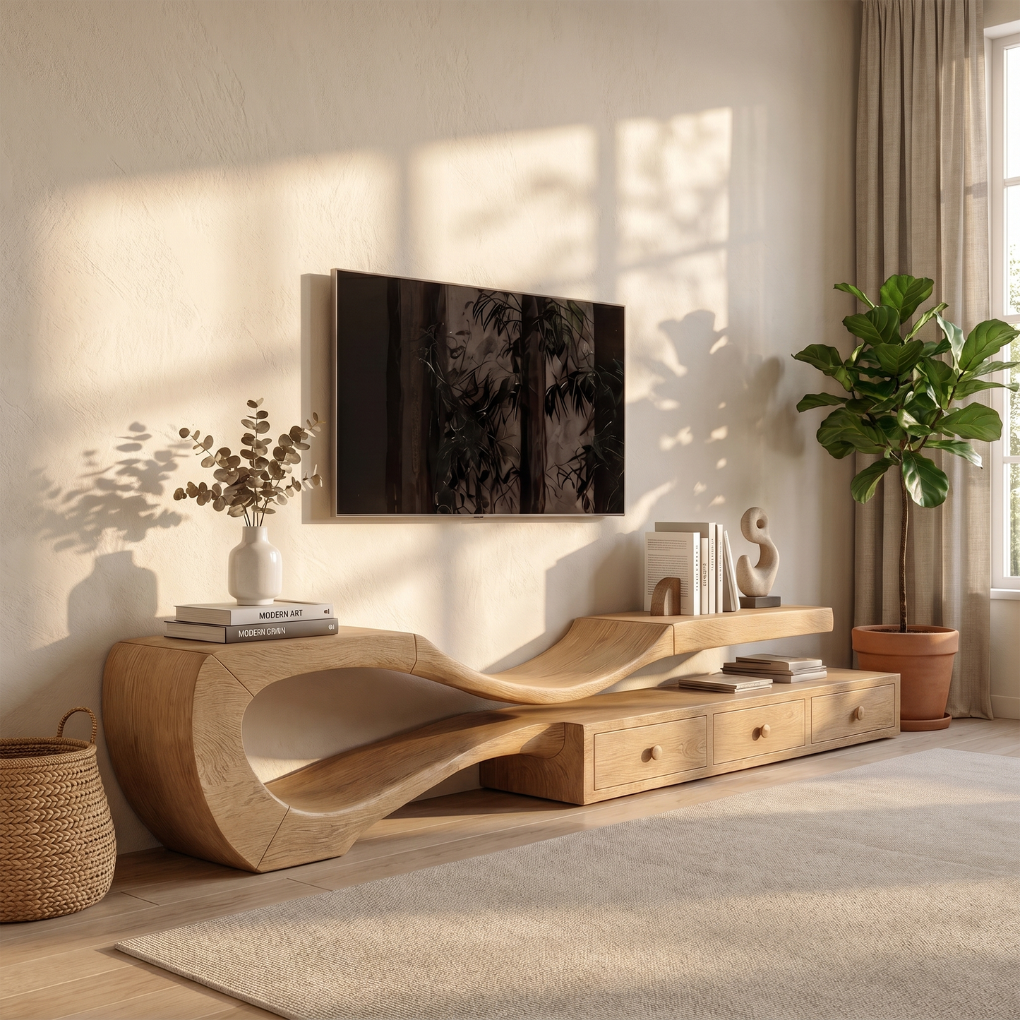 Modern TV Cabinet With Sculptural Curved Wood Base And Built In Storage Drawers For Living Room