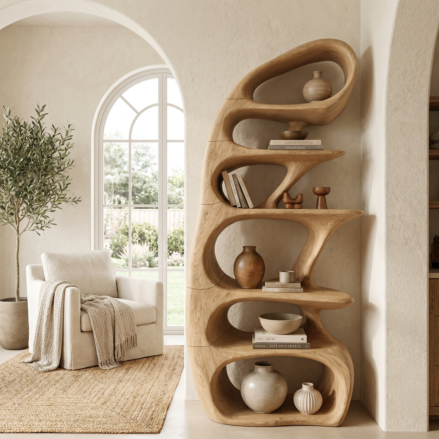 Sculptural Bookshelf With Tree Inspired Curved Shelves And Solid Wood Frame For Living Room