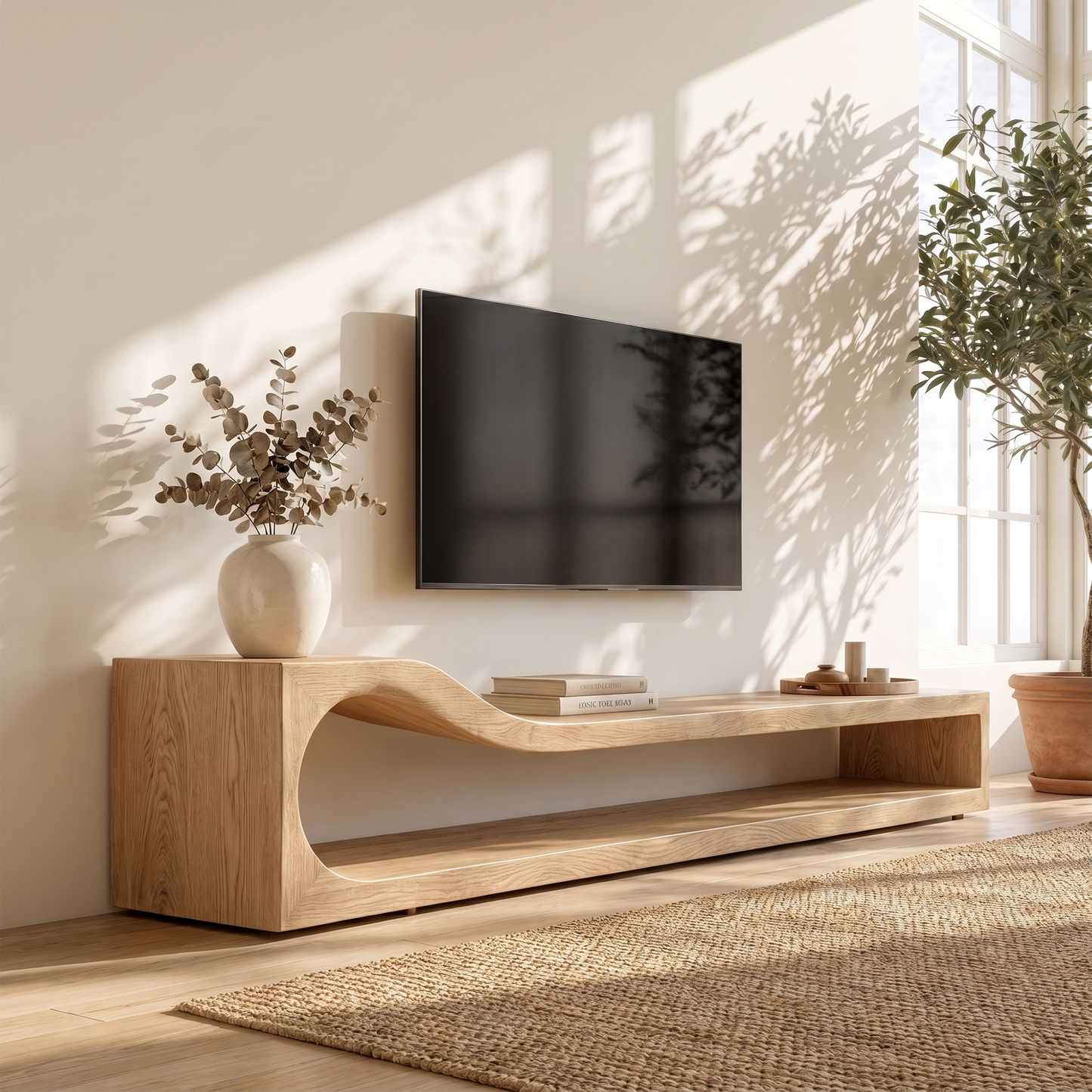 Organic TV Cabinet With Sculptural Wave Wood Base And Solid Wood Media Console For Living Room