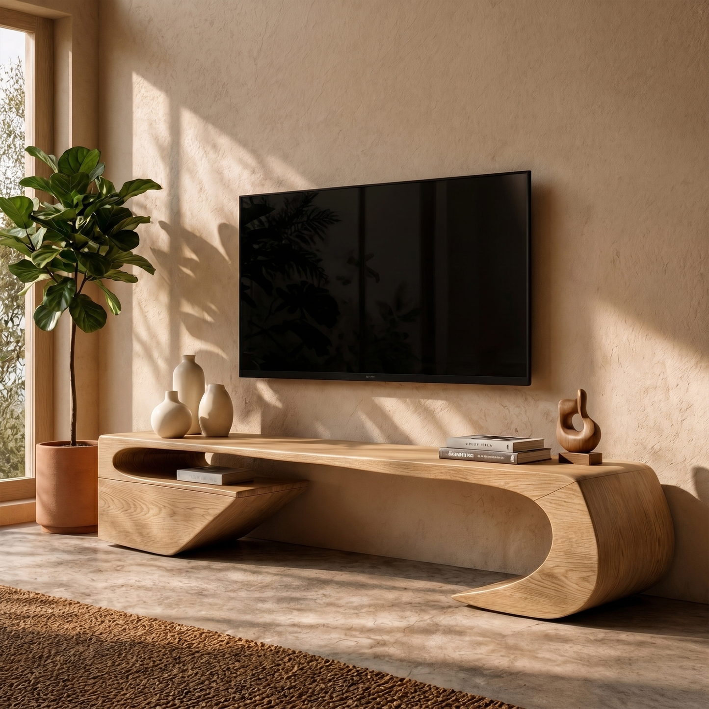 Japandi TV Cabinet With Sculptural Curved Wood Base And Solid Wood Media Console For Living Room