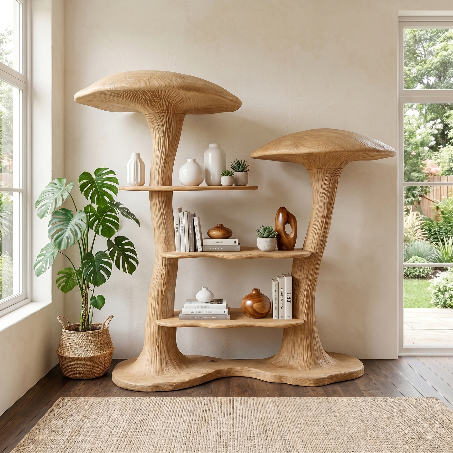 Organic Modern Mushroom Bookcase With Sculptural Solid Wood Form For Living Room