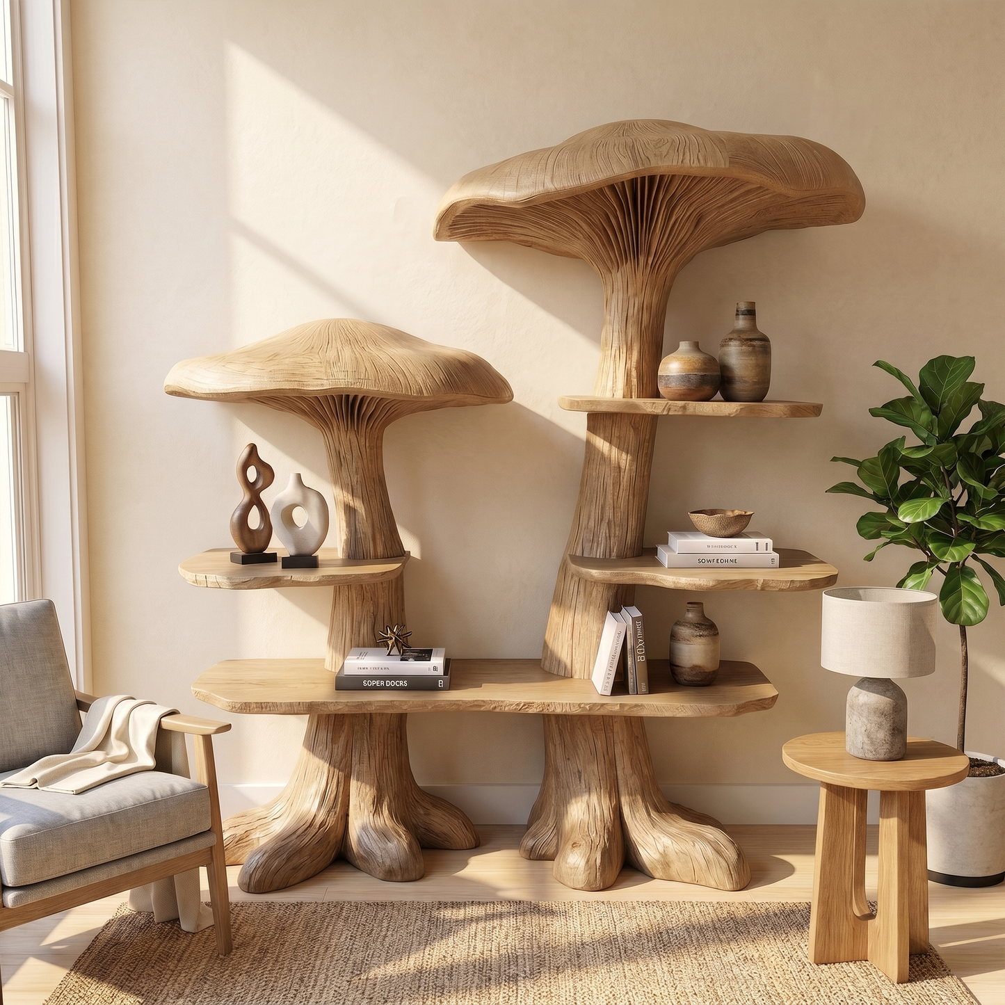 Nature Inspired Mushroom Bookshelf With Open Display Storage For Living Room