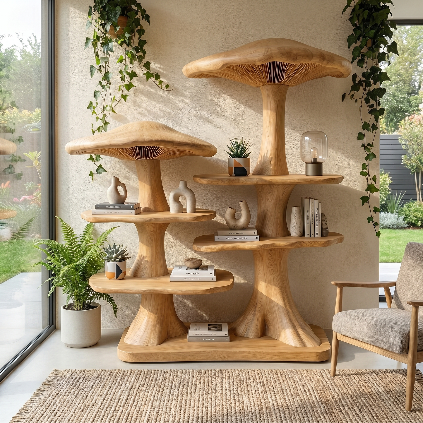 Mushroom Tree Bookshelf With Handcrafted Solid Wood Structure For Reading Corner