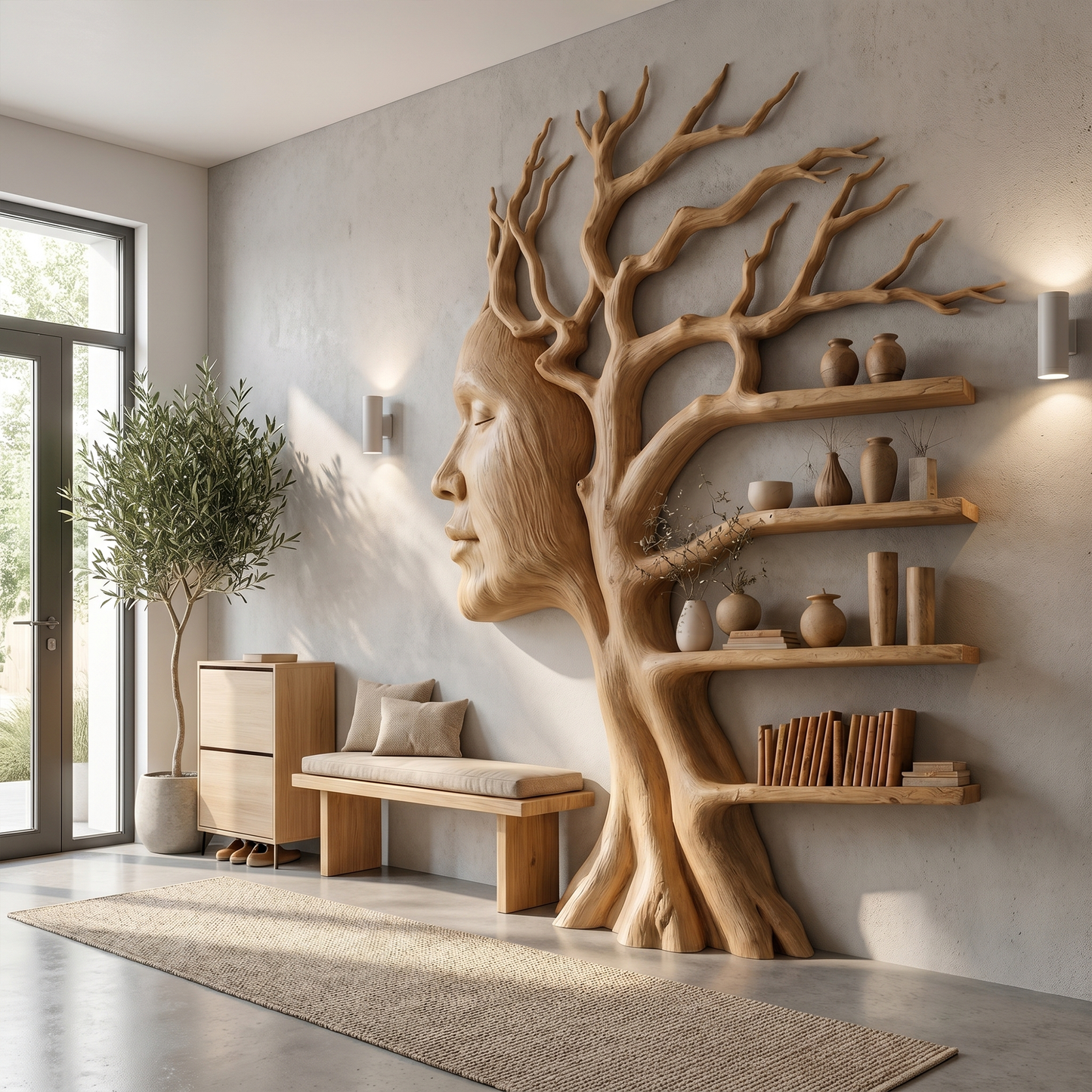Fantasy Tree Bookshelf With Sculptural Face Design And Integrated Branch Shelves For Living Room