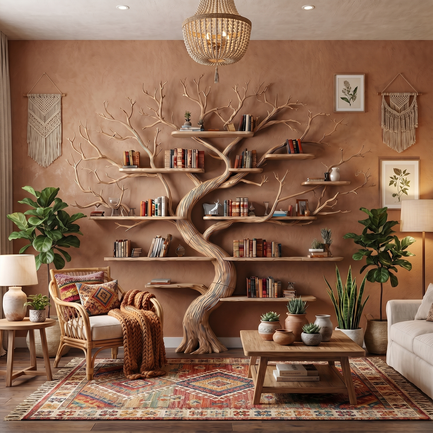 Rustic Tree Wall Bookshelf Bedroom Lounge