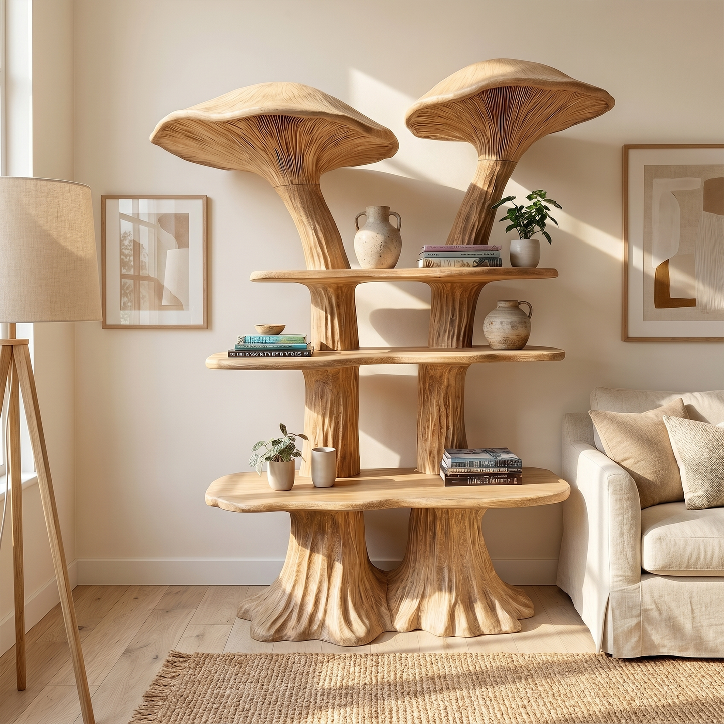 Rustic Mushroom Bookshelf With Handcrafted Solid Wood Shelves For Living Room