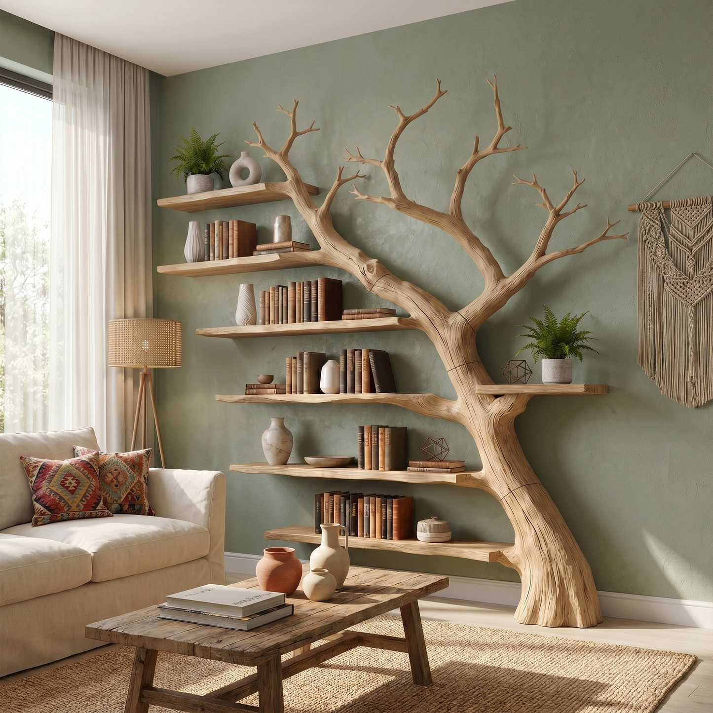 Rustic Branch Bookshelf Home Office Artistic Wall Decor