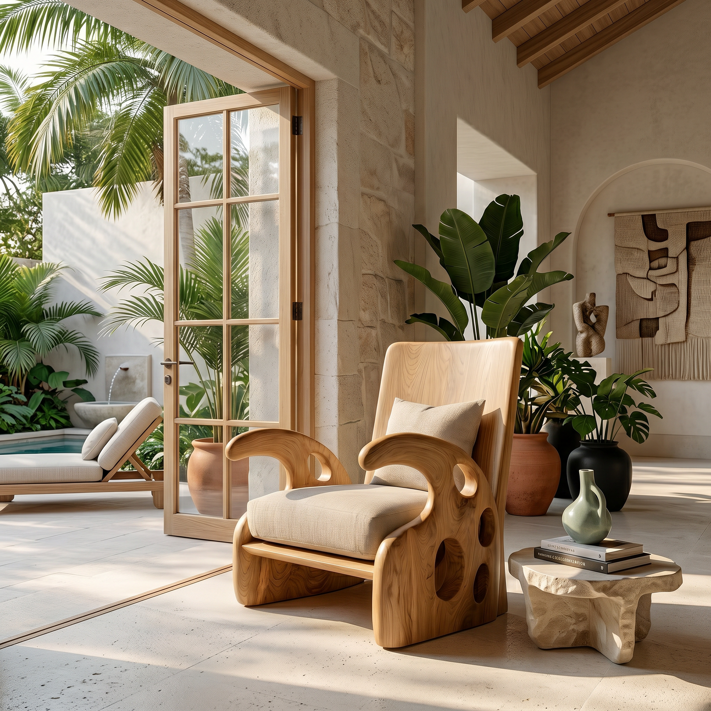 Organic Wooden Armchair For Reading Corner And Living Room
