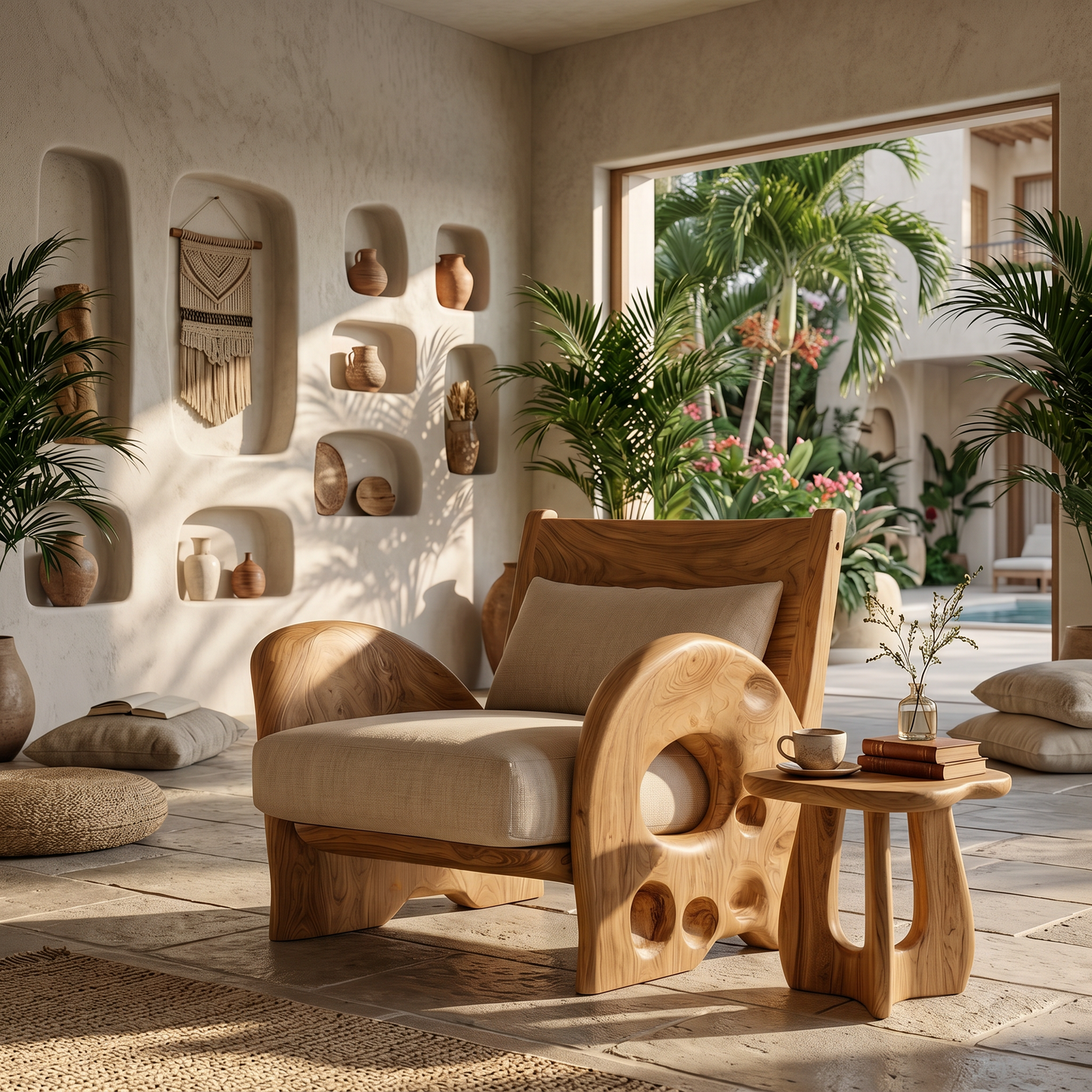 Sculptural Wooden Armchair For Living Room