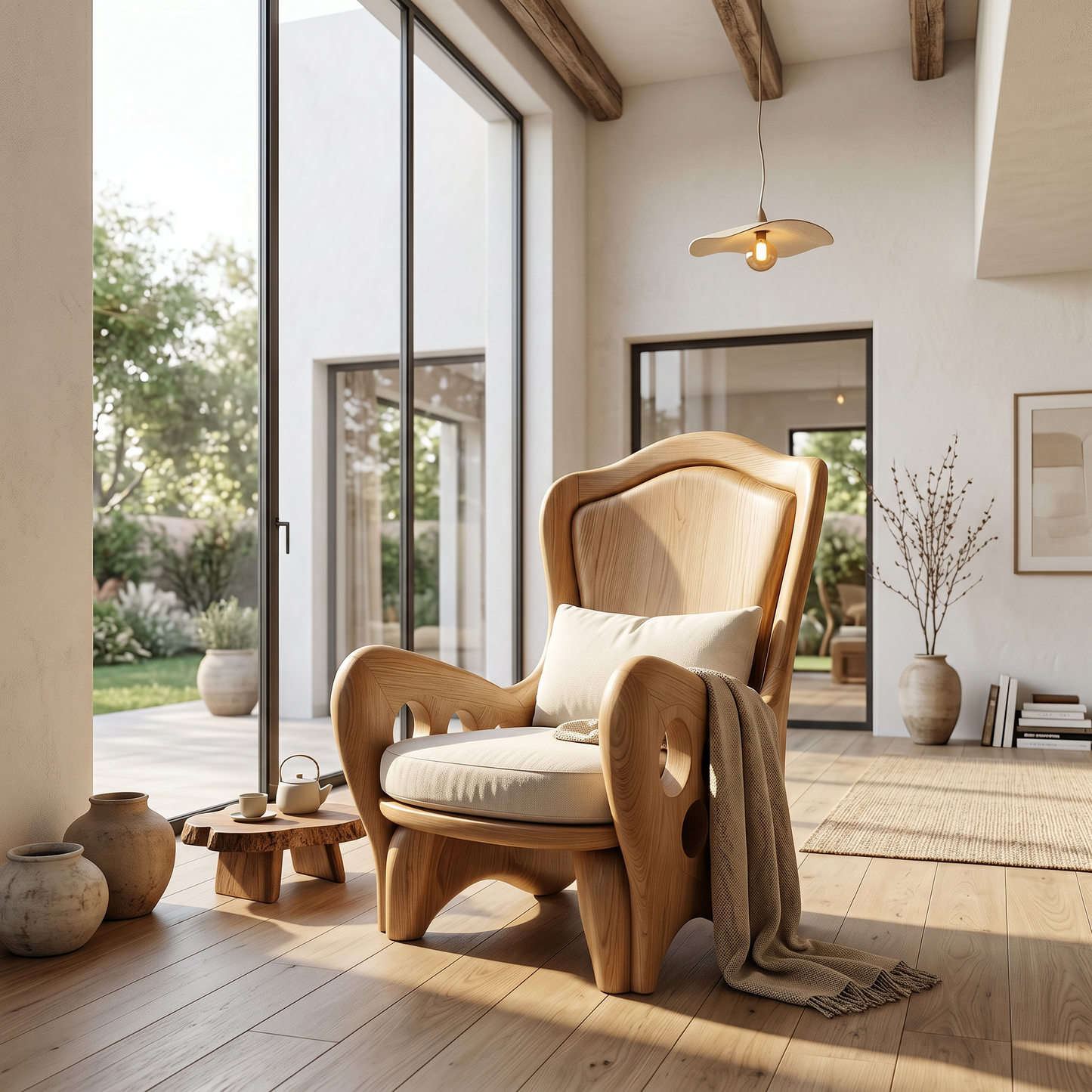 Organic Armchair With Sculptural Wood Frame For Living Room And Reading Nook