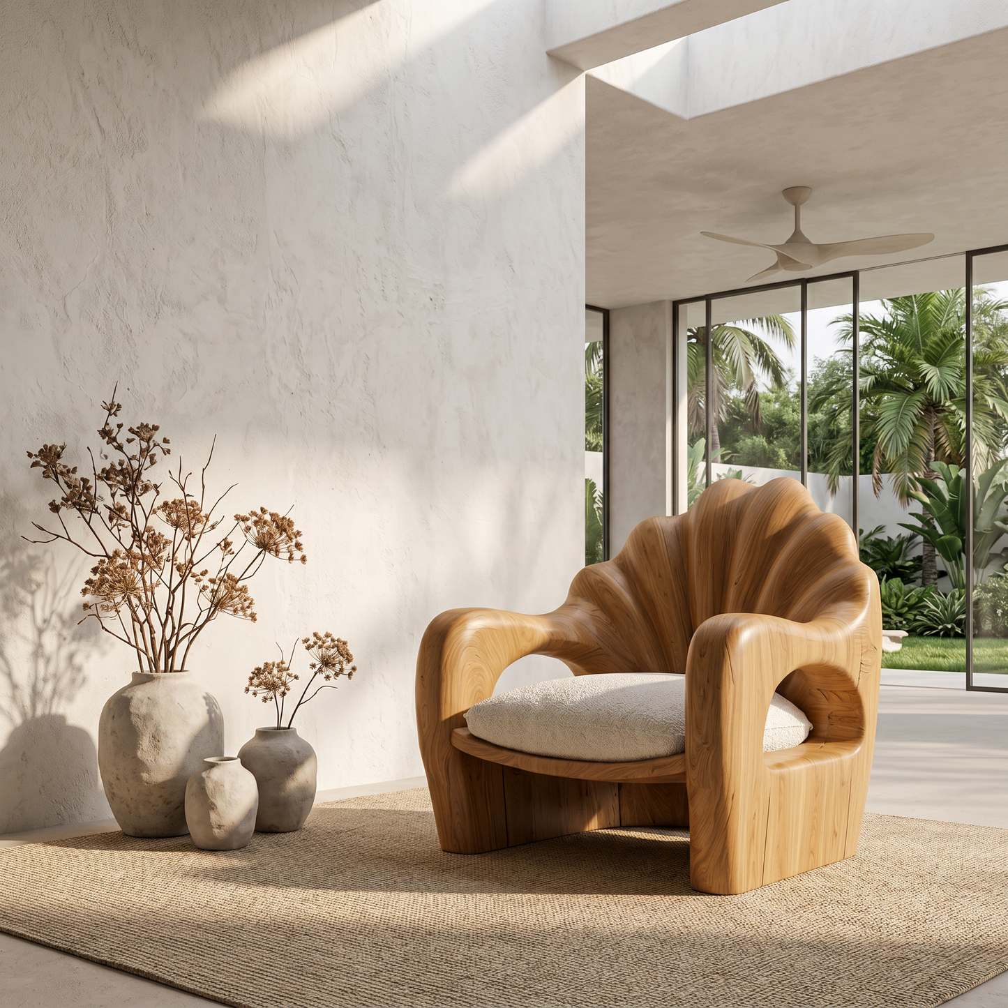 Rustic Armchair With Sculptural Solid Wood Frame For Living Room