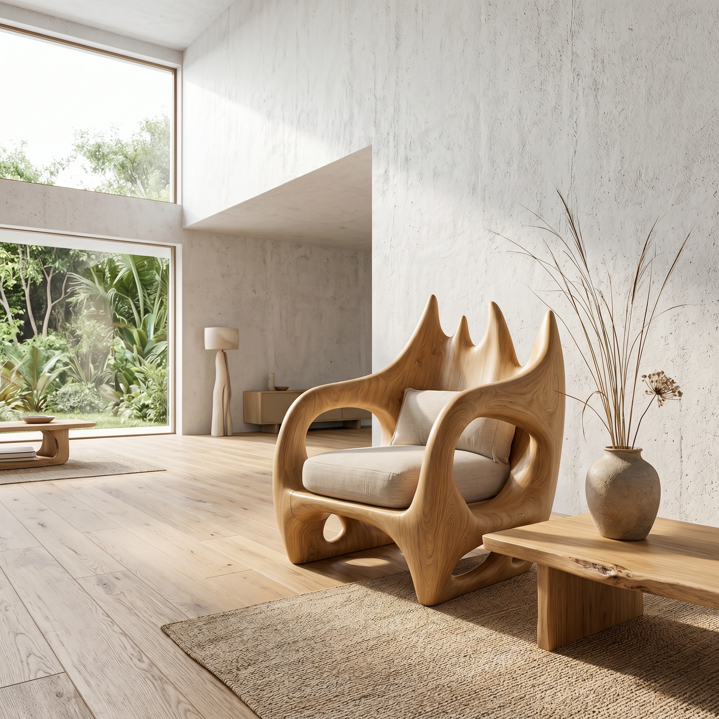 Statement Wooden Armchair With Nature Inspired Design For Reading Nook