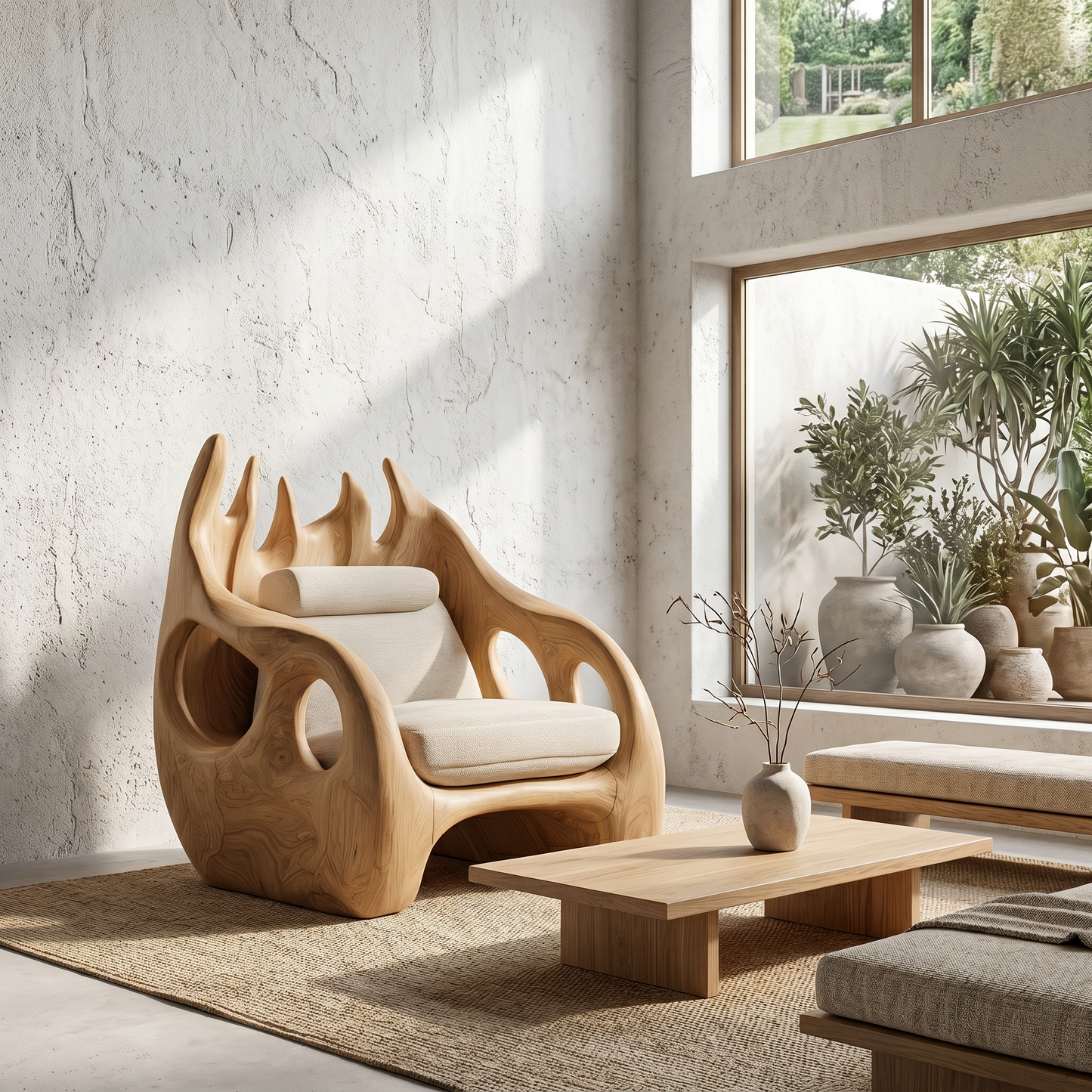 Nature Inspired Armchair With Handcrafted Wooden Structure For Living Room