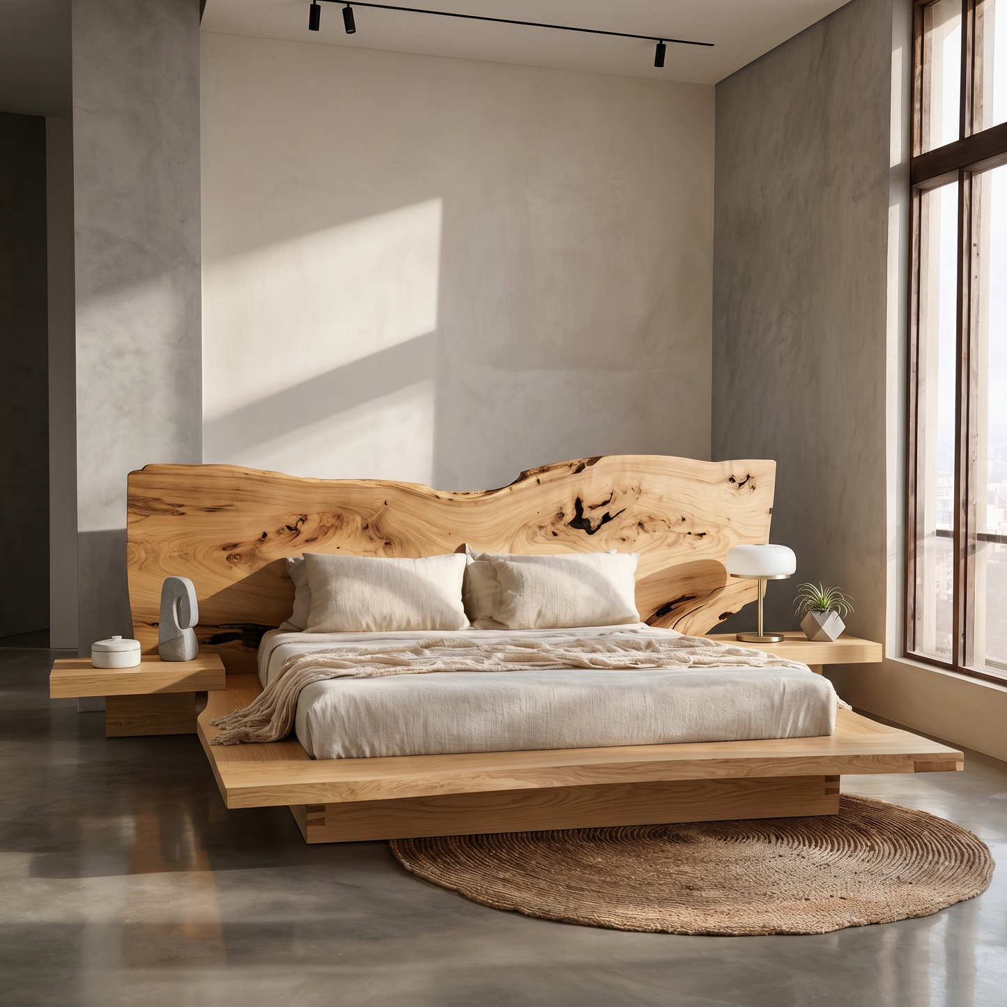 Rustic Live Edge Bed Frame With Sculptural Headboard For Bedroom