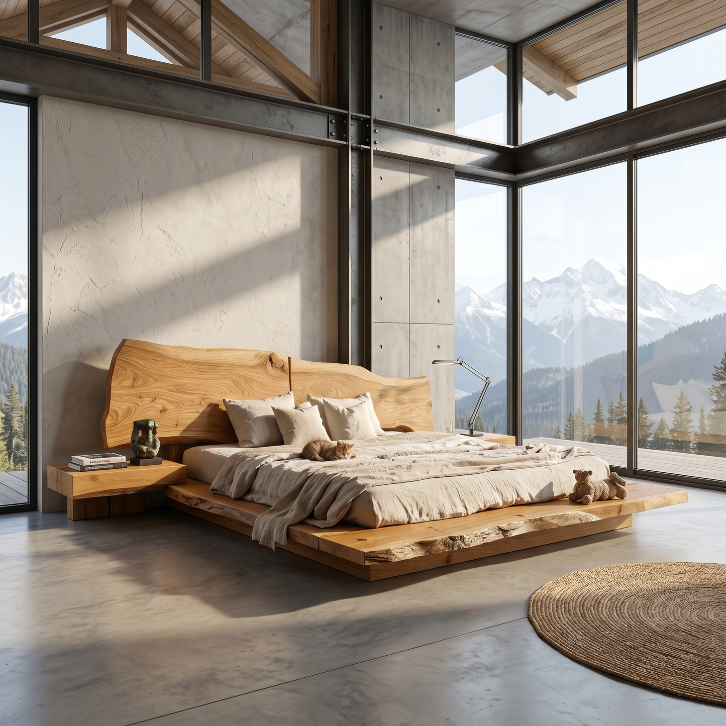 Organic Sculptural Bed Frame With Handcrafted Solid Wood Headboard And Floating Platform Design For Bedroom