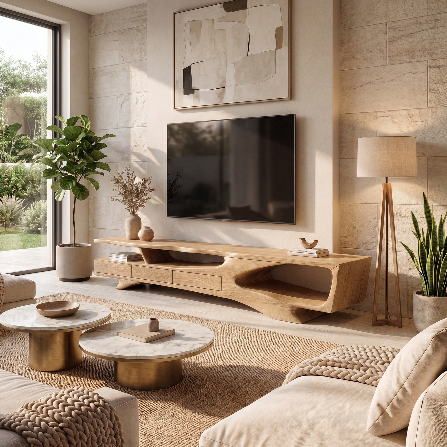 Rustic Organic TV Cabinet With Sculptural Solid Wood Base For Living Room