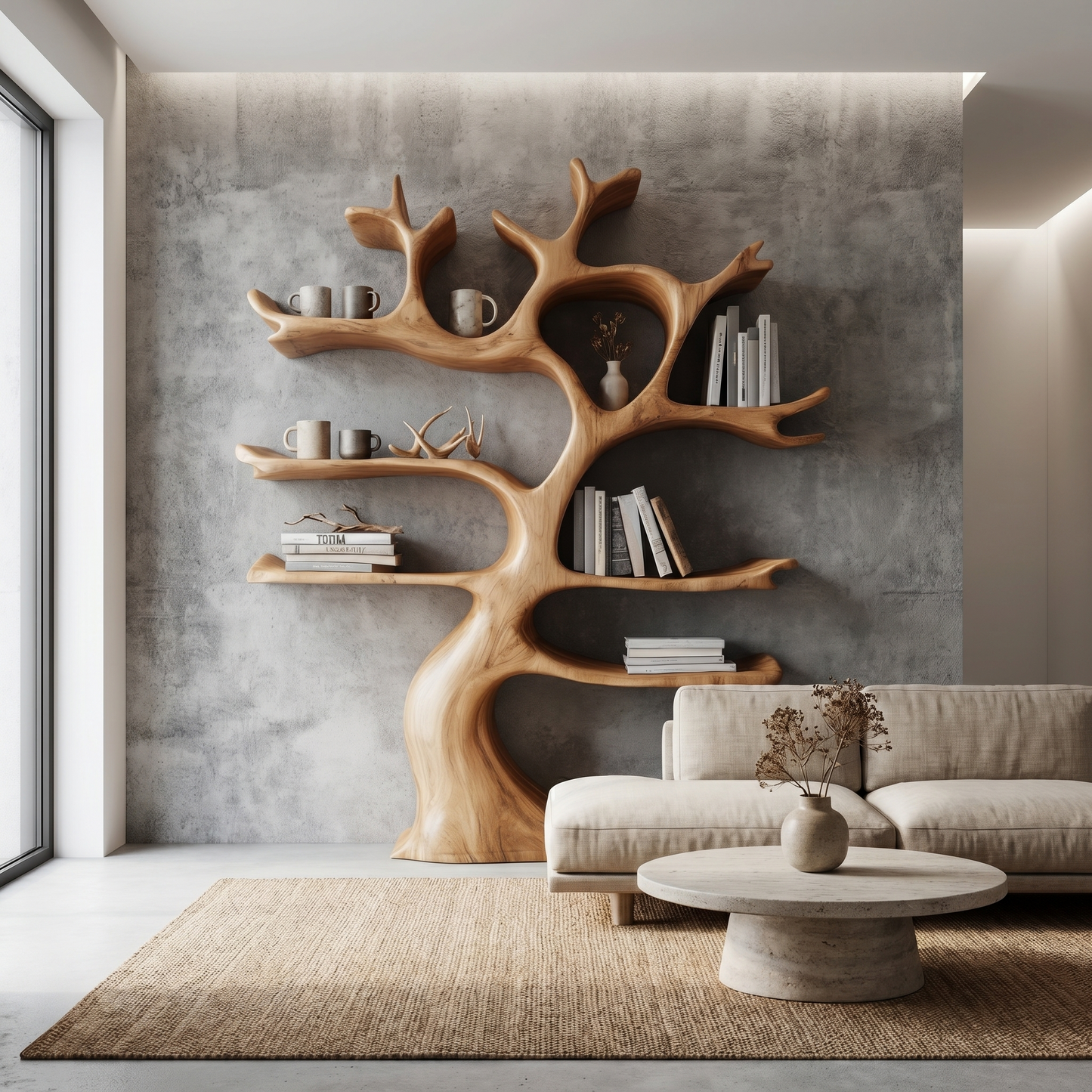 Organic Modern Tree Wall Shelf With Branch Inspired Storage For Living Room