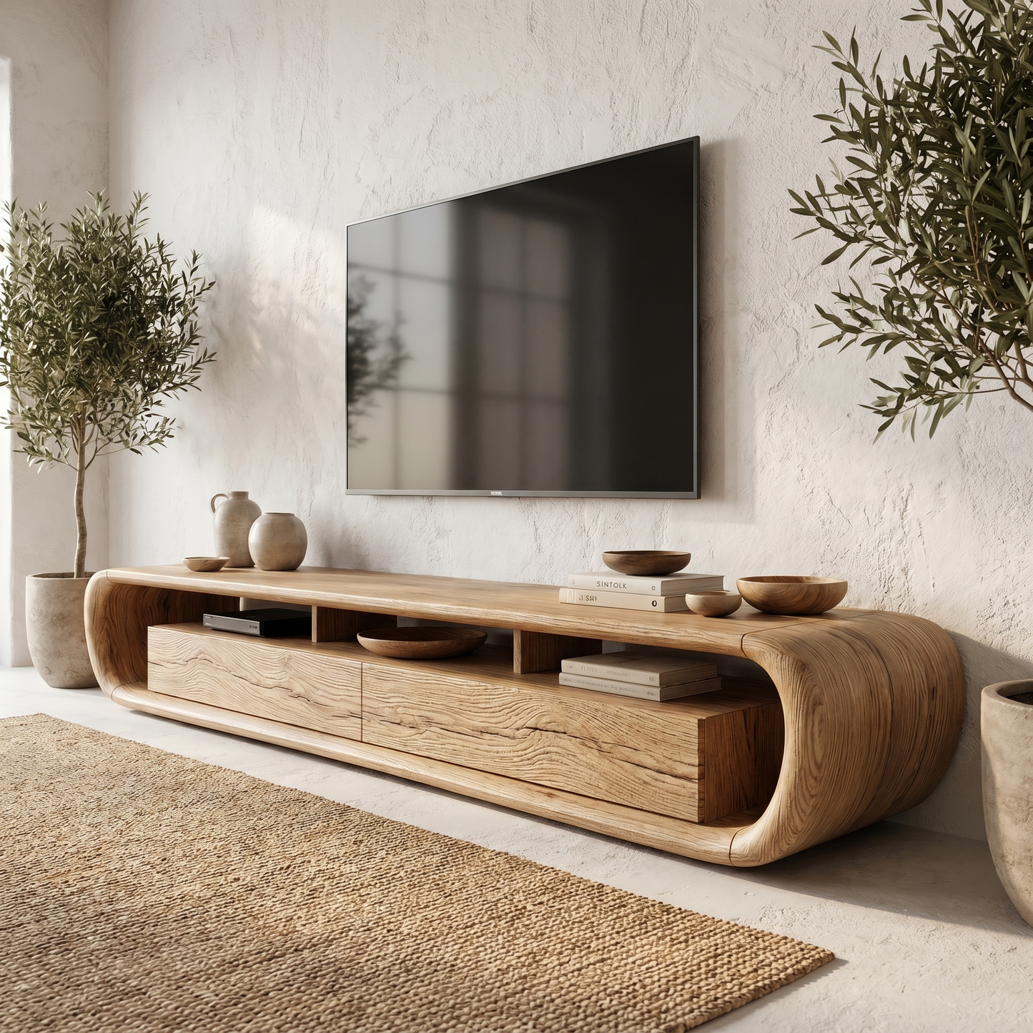 Organic TV Cabinet With Built In Storage And Rounded Curved Edges For Living Room