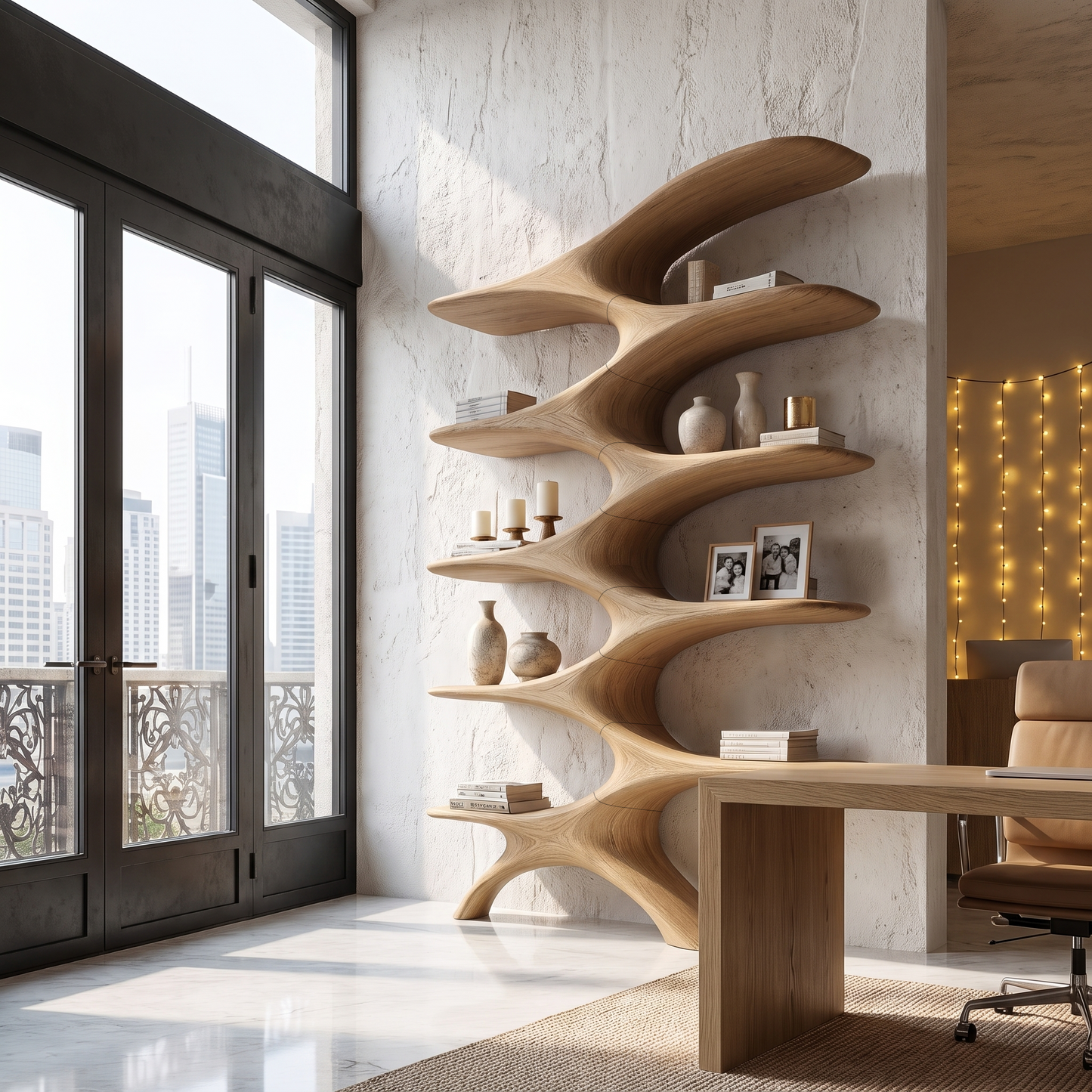 Sculptural Wall Bookcase With Organic Multi Tier Shelves For Living Room