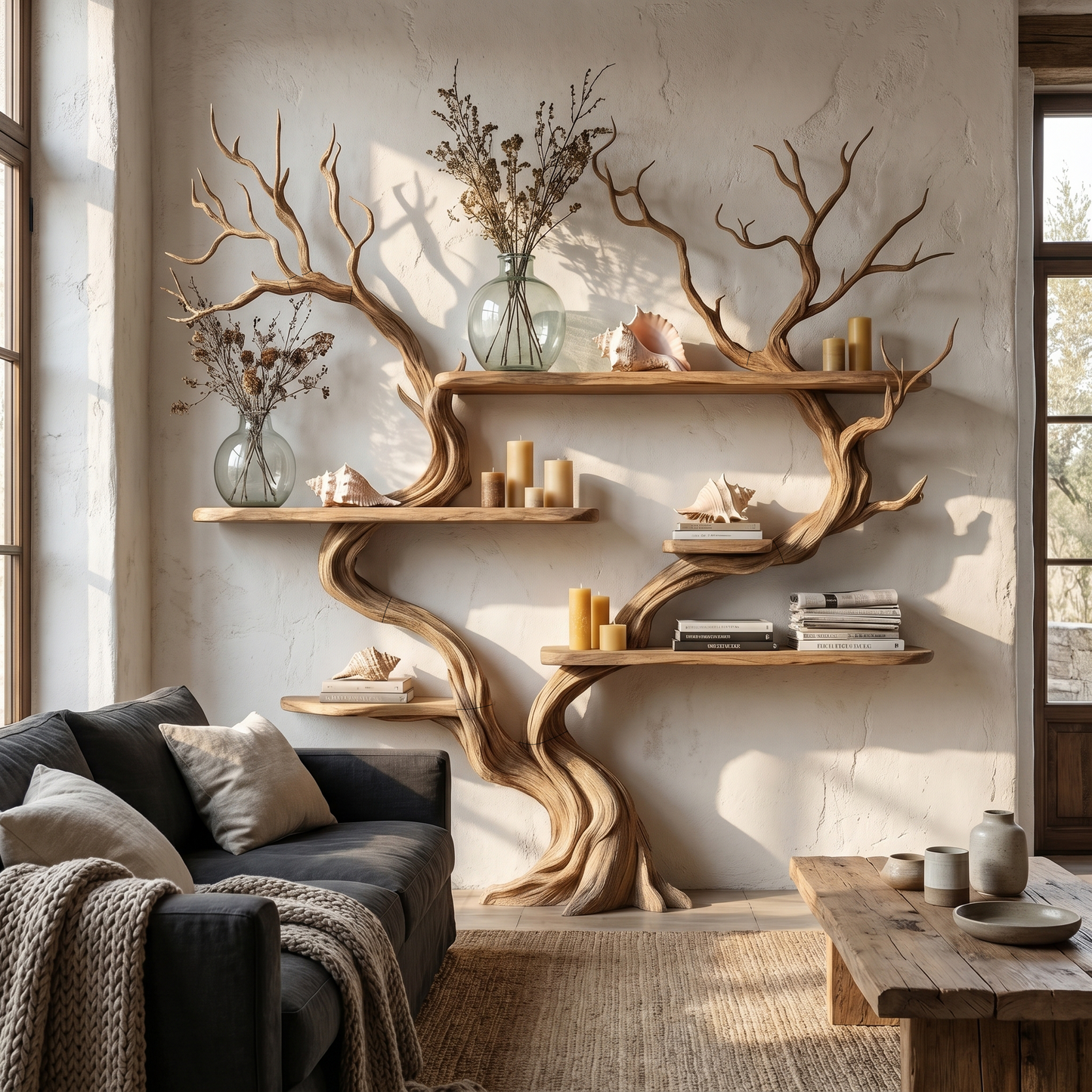 Organic Tree Wall Shelf With Multi Tier Display Shelves For Home