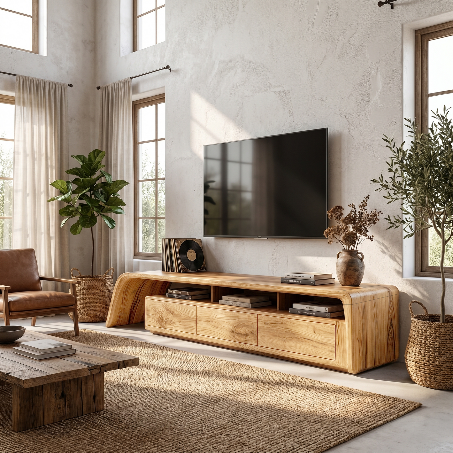 Modern TV Cabinet With Built In Storage And Rounded Curved Edges For Living Room