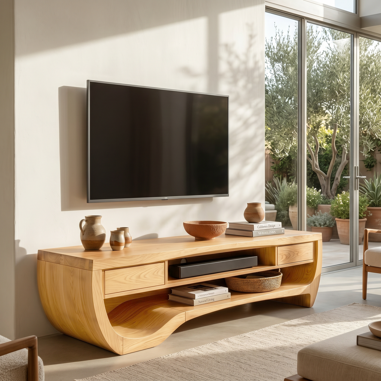 Organic TV Cabinet With Open Storage And Sculptural Curved Wood Design For Living Room