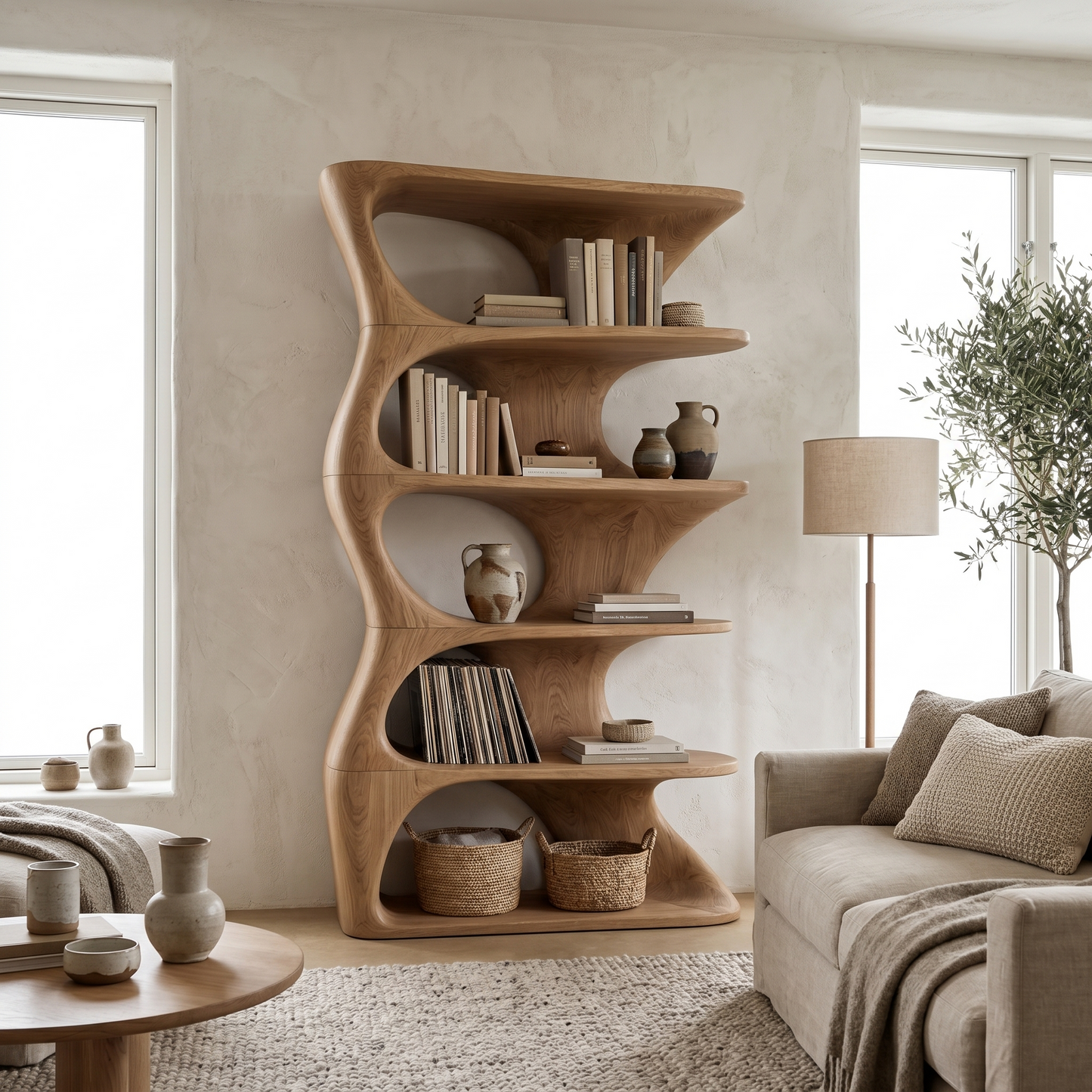 Organic Sculptural Wall Mounted Bookshelf With Curved Floating Shelves For Living Room