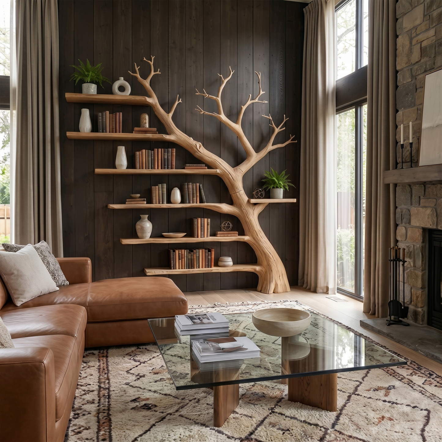 Rustic Branch Bookshelf Home Office Artistic Wall Decor