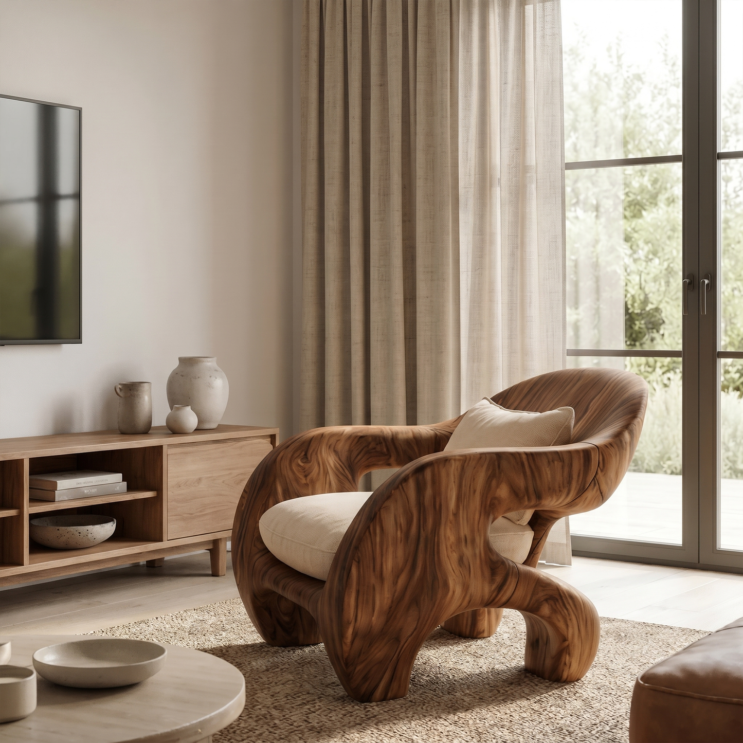 Organic Armchair Sculptural Wood Frame Design For Living Room