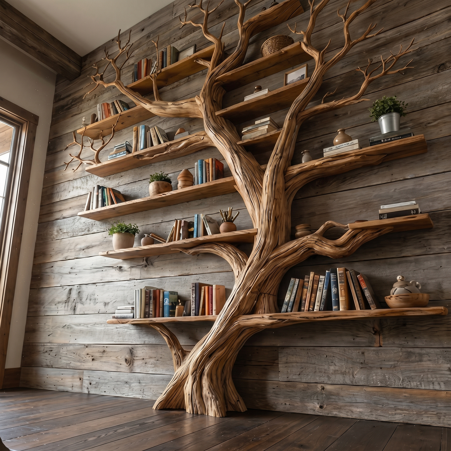 Rustic Tree Wall Bookshelf Living Guest Room