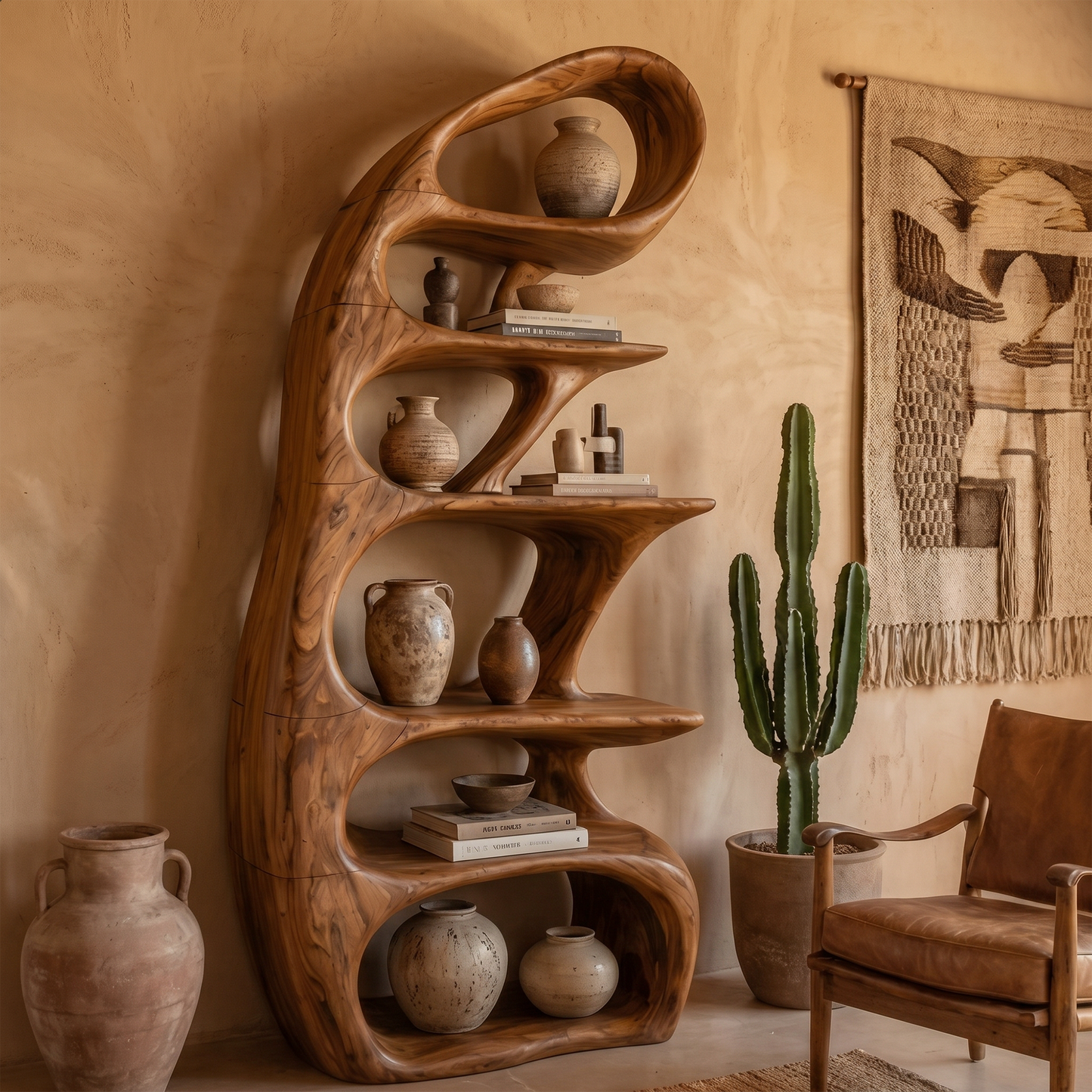 Sculptural Bookshelf With Tree Inspired Curved Shelves And Solid Wood Frame For Living Room