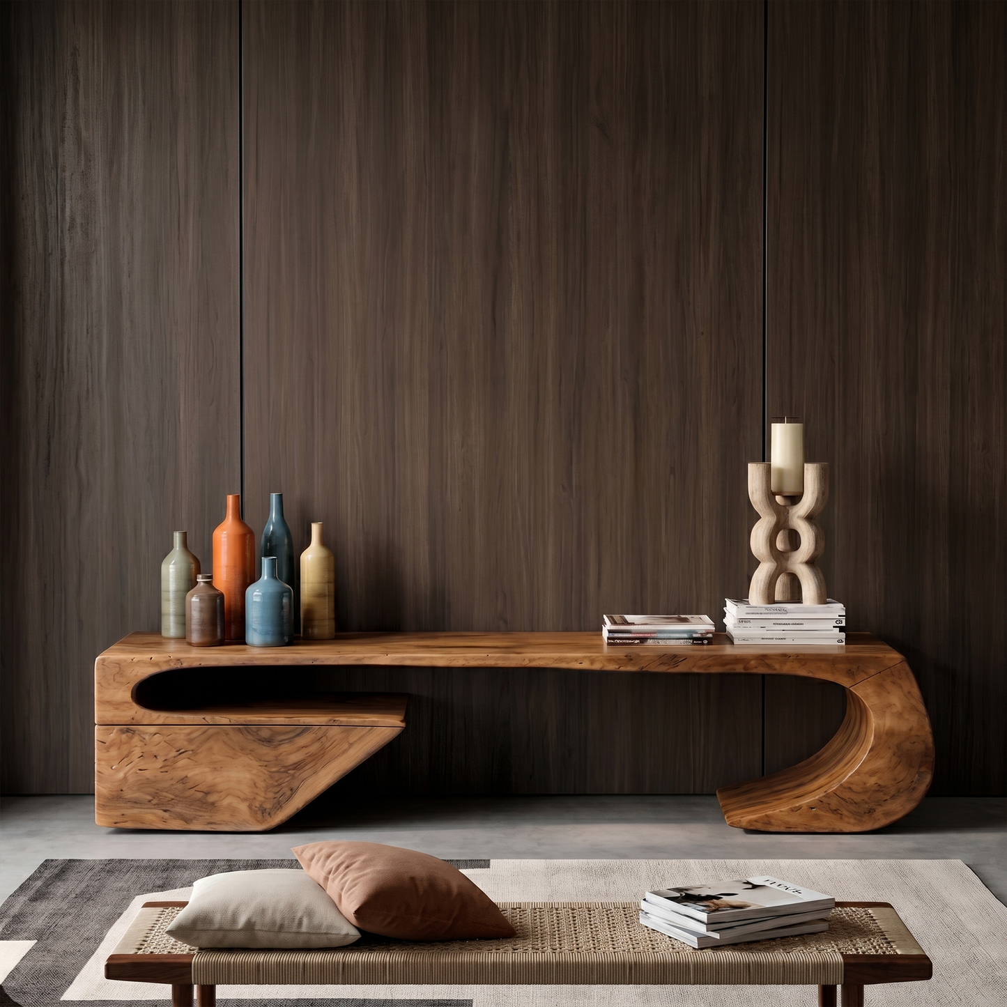 Japandi TV Cabinet With Sculptural Curved Wood Base And Solid Wood Media Console For Living Room