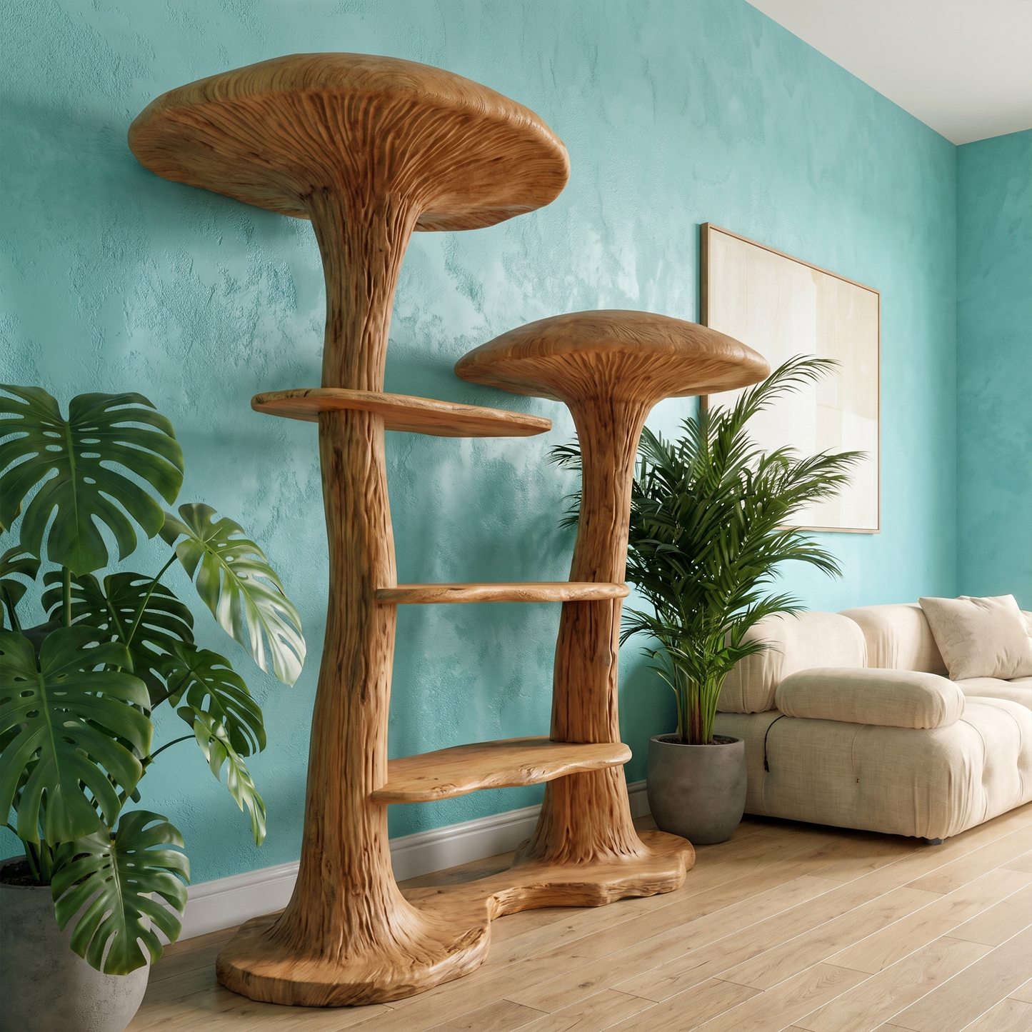Organic Modern Mushroom Bookcase With Sculptural Solid Wood Form For Living Room