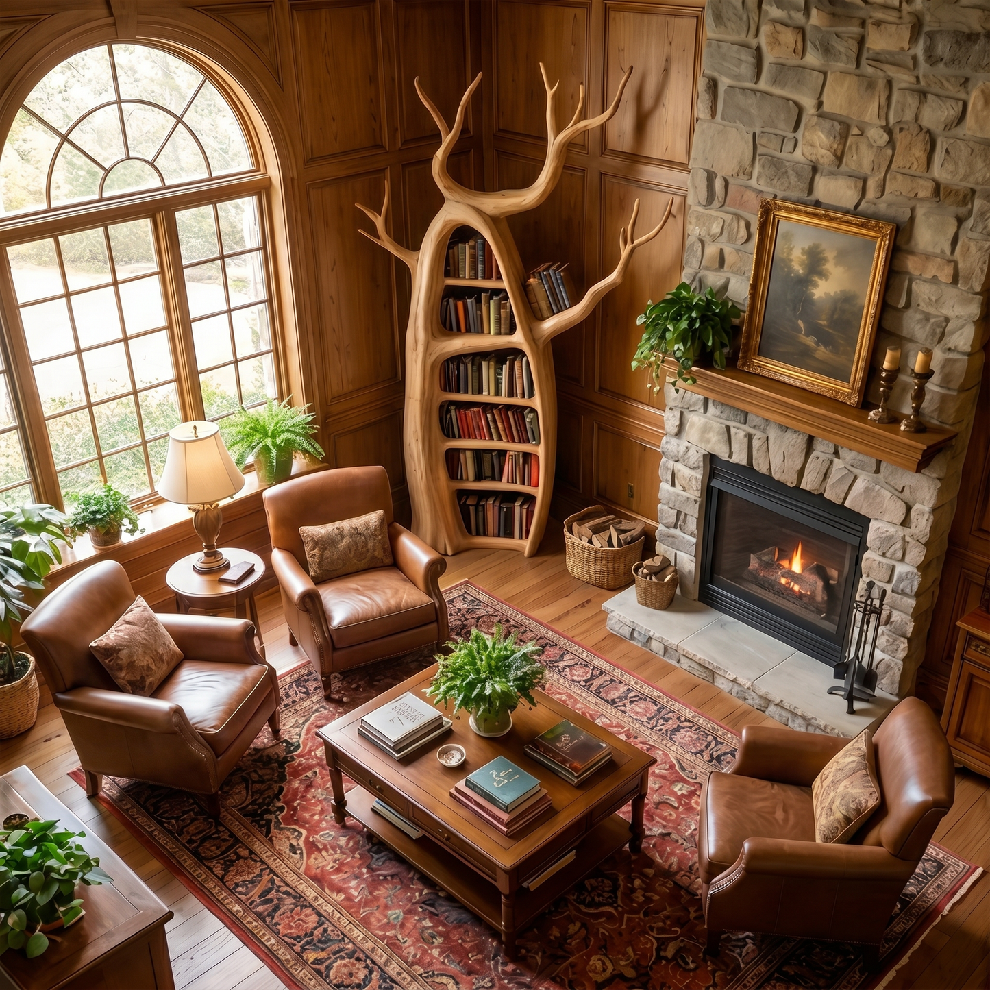 Artistic Tree Bookshelf With Illuminated Branch Crown For Living Room