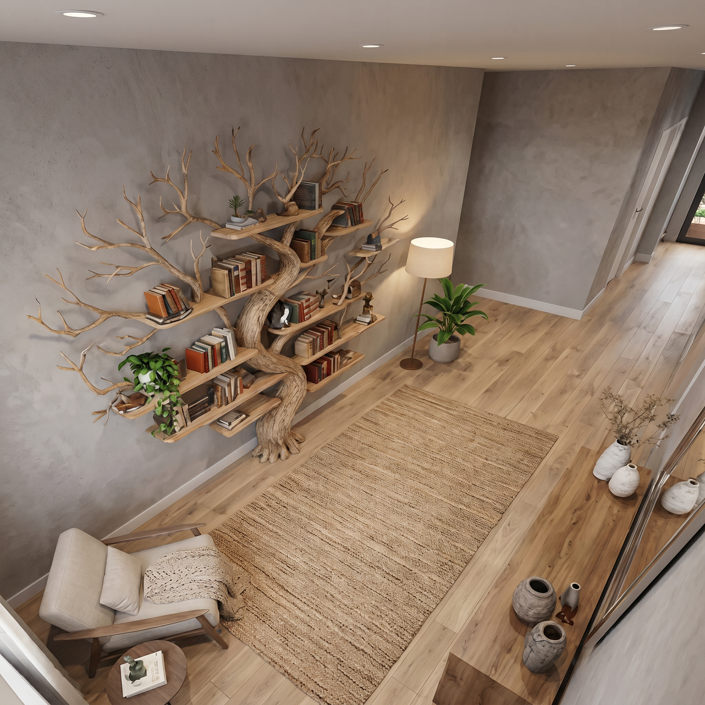 Rustic Tree Wall Bookshelf Bedroom Lounge
