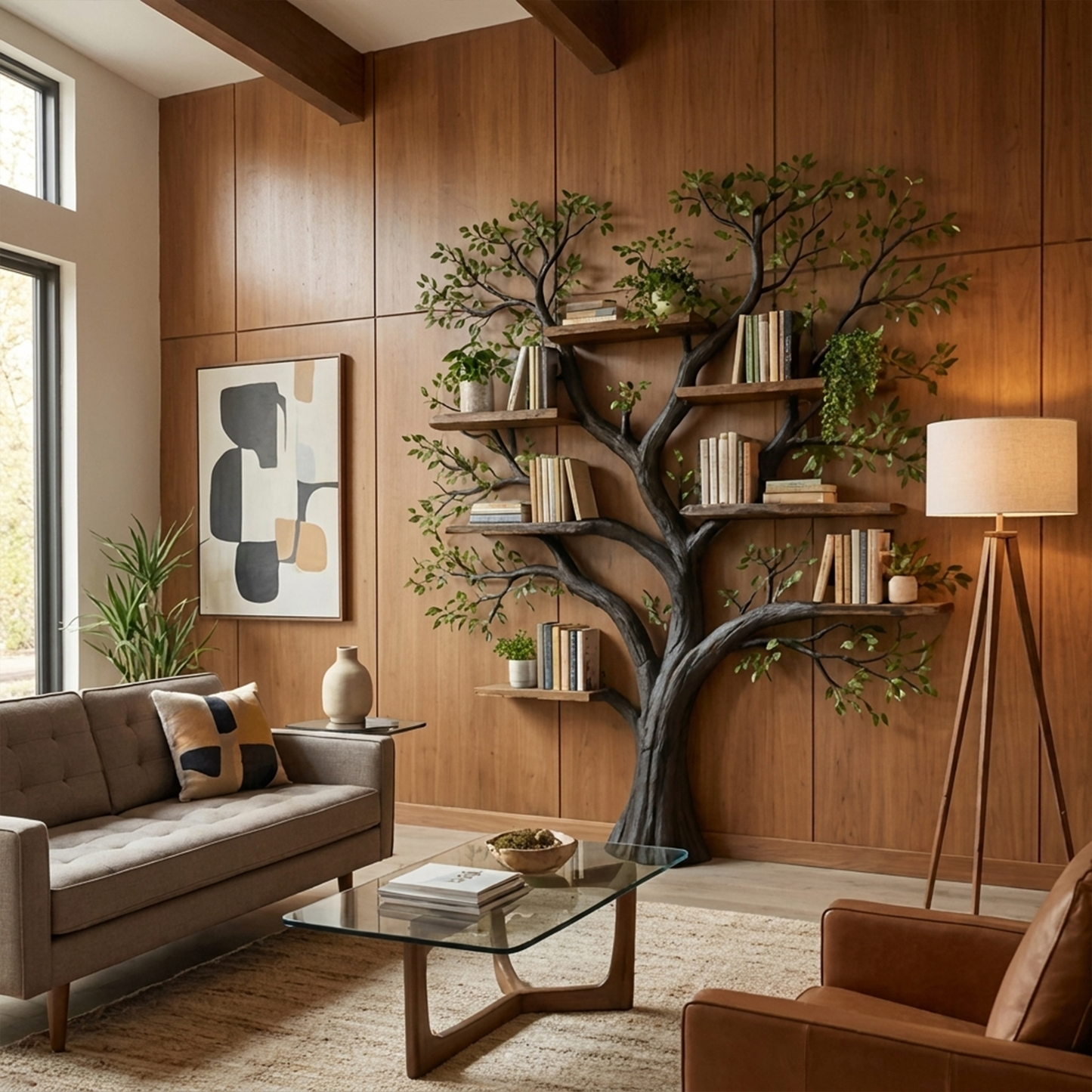 Handcrafted Tree Storage Bookcase Living Room Interior Living Wall Feature