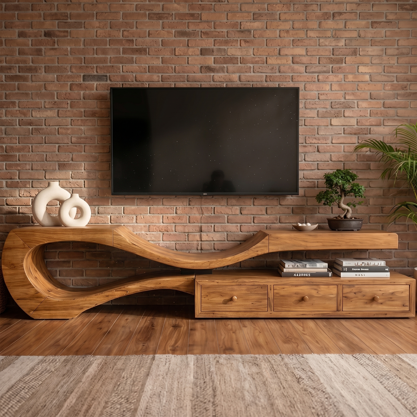 Modern TV Cabinet With Sculptural Curved Wood Base And Built In Storage Drawers For Living Room