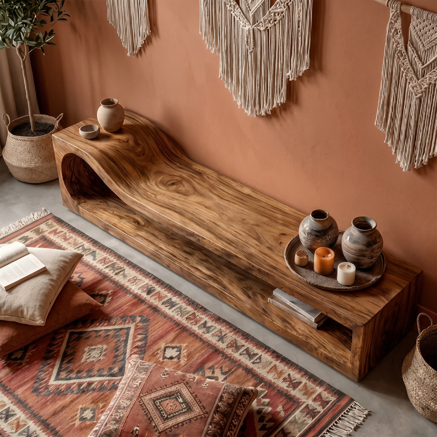 Organic TV Cabinet With Sculptural Wave Wood Base And Solid Wood Media Console For Living Room