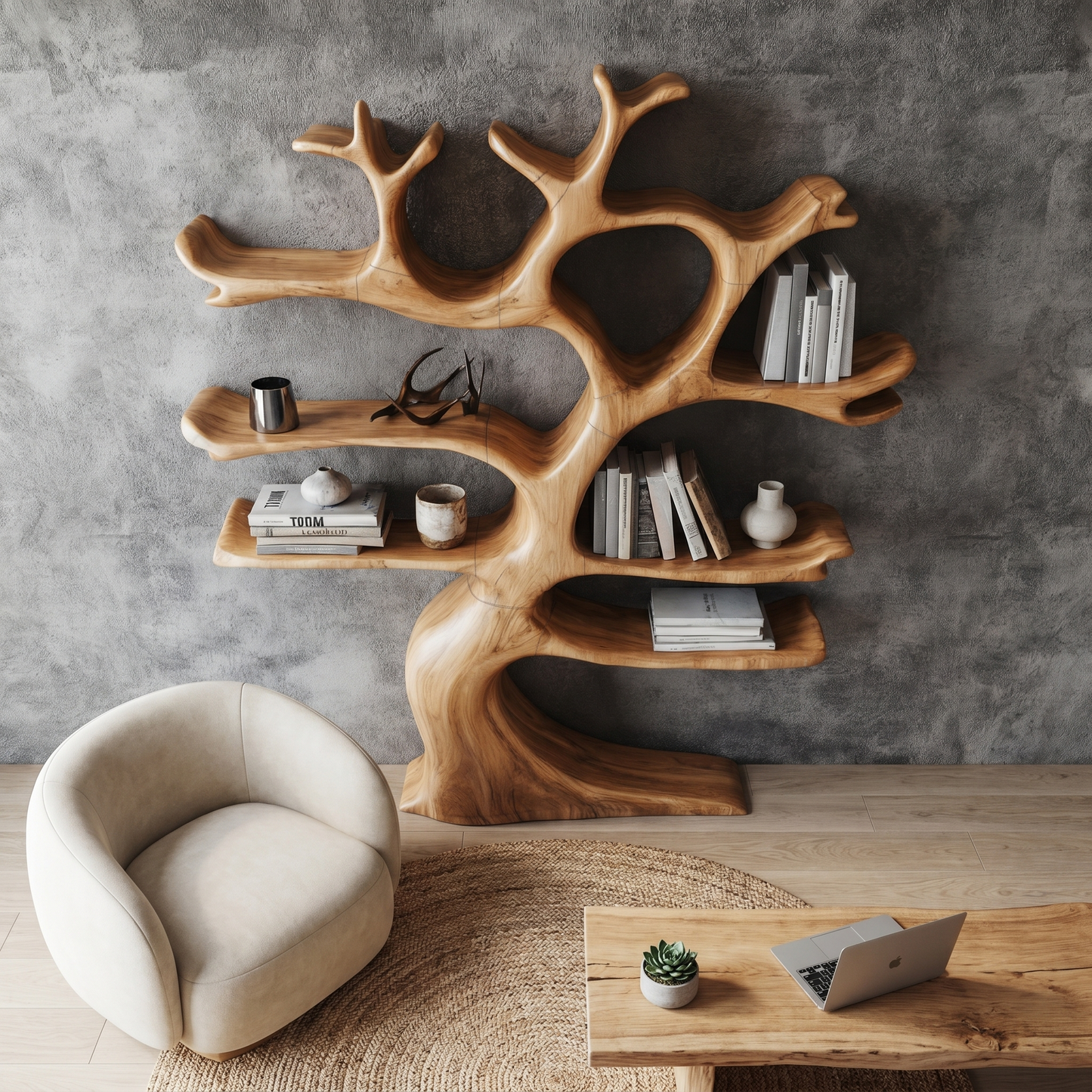 Organic Modern Tree Wall Shelf With Branch Inspired Storage For Living Room