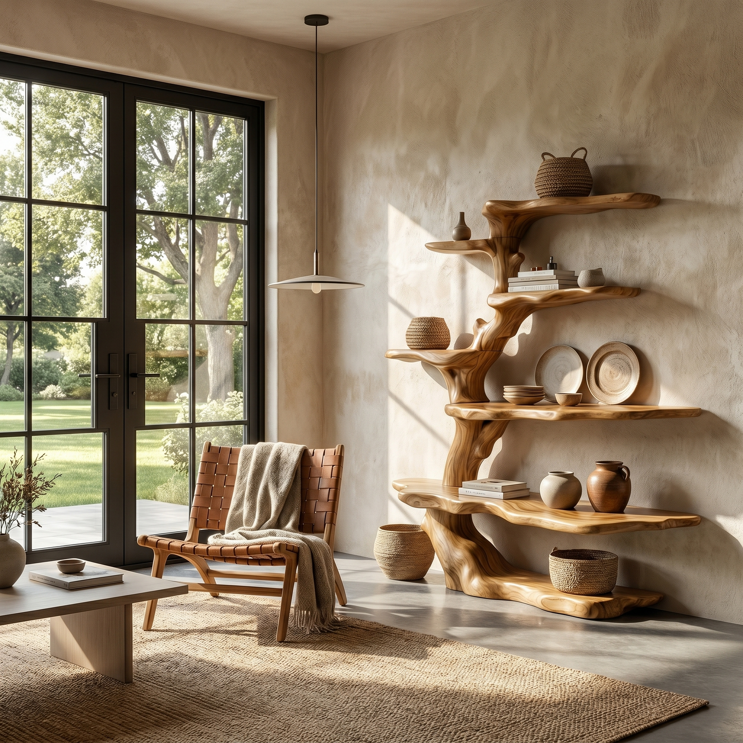 Sculptural Tree Bookshelf Natural Wood Storage For Reading Nook