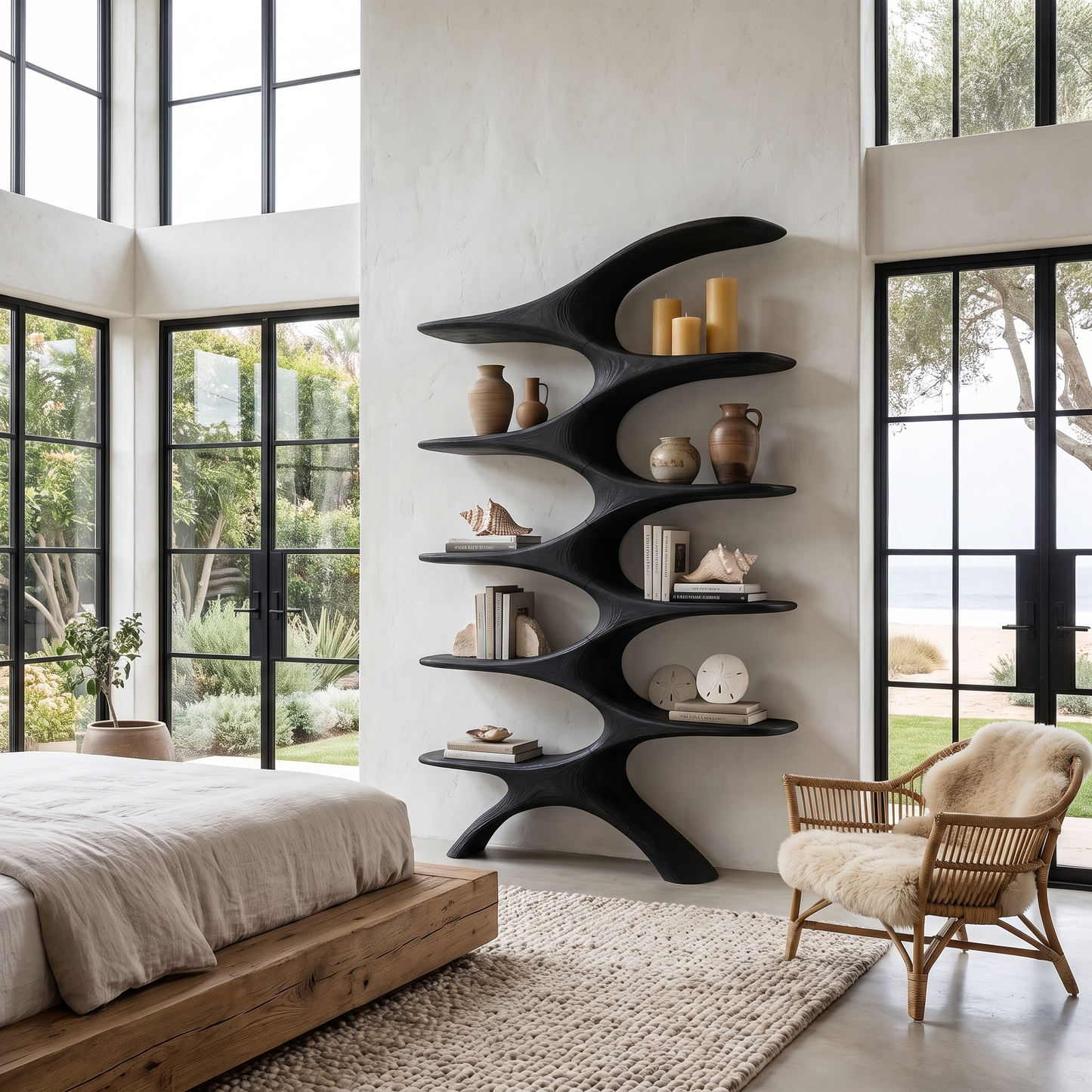 Sculptural Wall Bookcase With Organic Multi Tier Shelves For Living Room