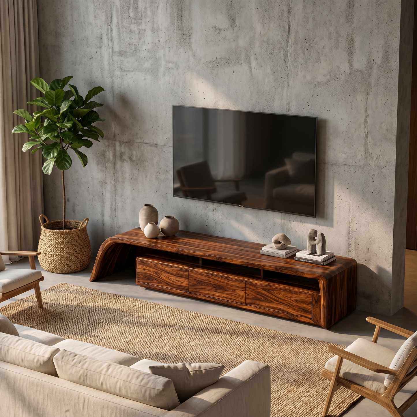 Modern TV Cabinet With Built In Storage And Rounded Curved Edges For Living Room