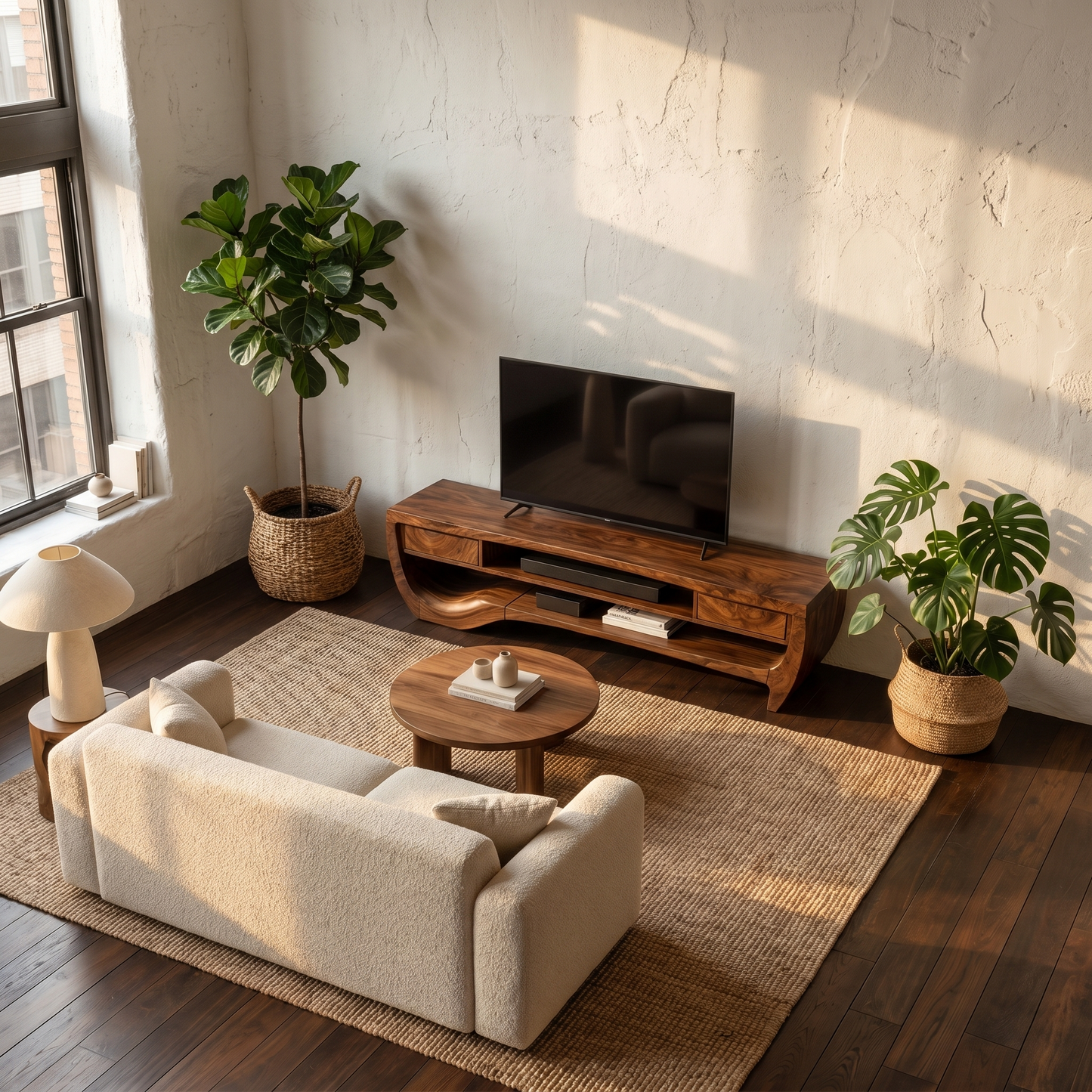 Organic TV Cabinet With Open Storage And Sculptural Curved Wood Design For Living Room