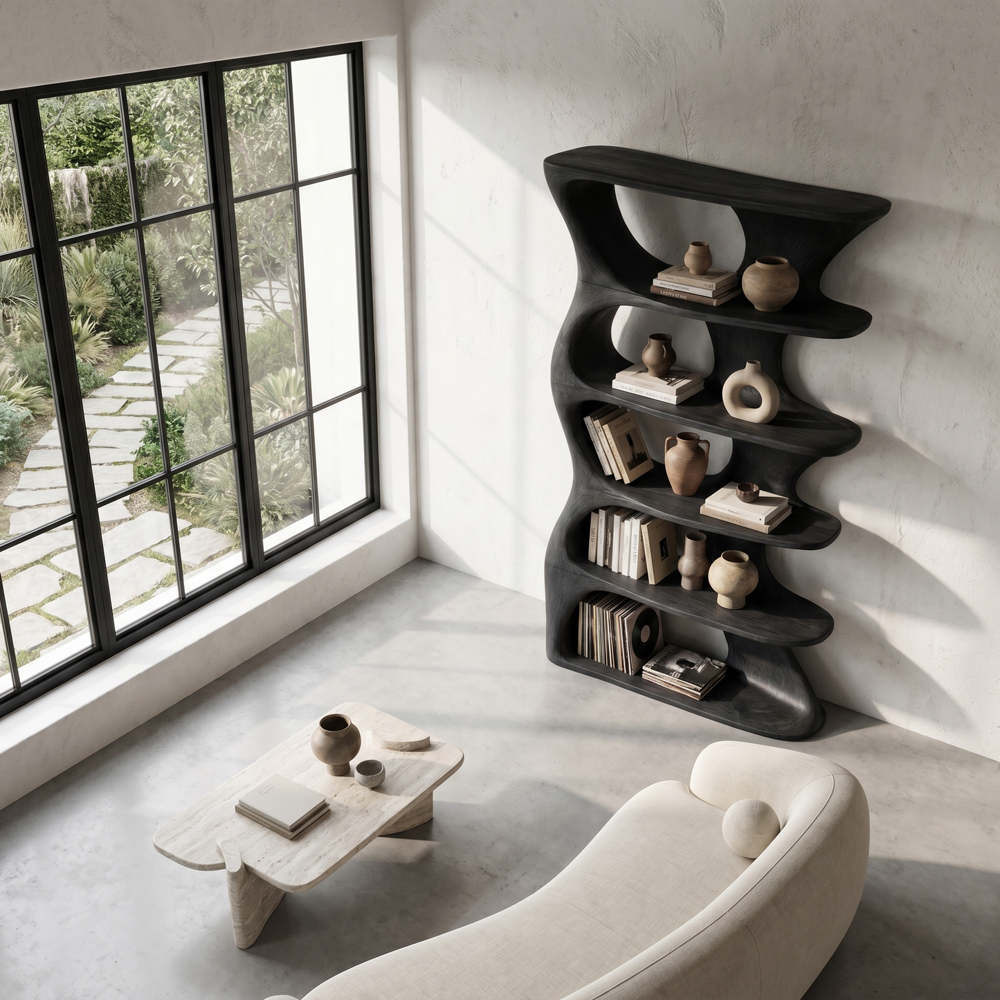 Organic Sculptural Wall Mounted Bookshelf With Curved Floating Shelves For Living Room