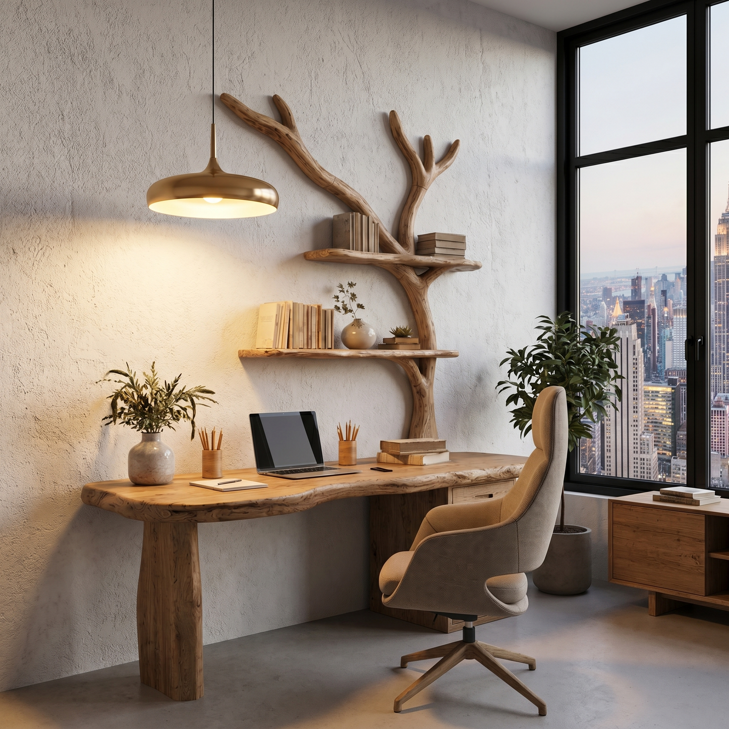Organic Wooden Desk With Tree Branch Bookshelf And Built In Drawer Storage For Home Office And Workspace