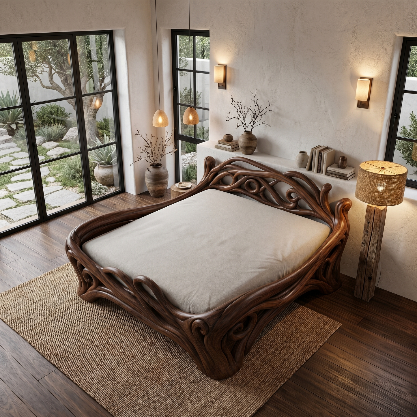 Organic Sculptural Bed Frame With Flowing Root Inspired Wood Design For Bedroom
