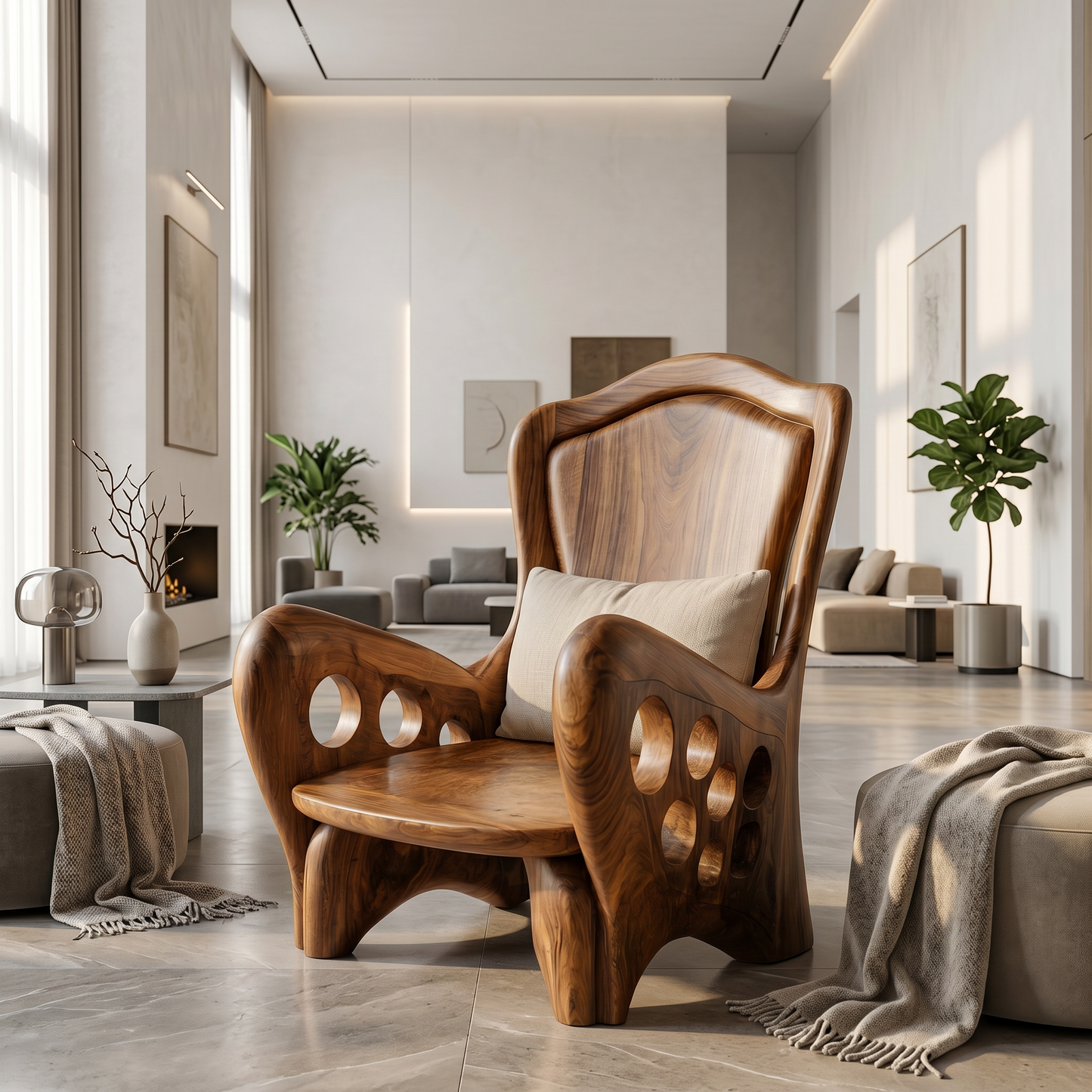 Organic Armchair With Sculptural Wood Frame For Living Room And Reading Nook